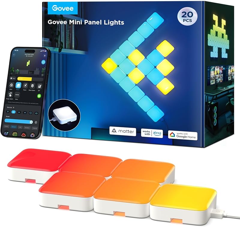 Mini paneles de luces, luces de pared RGBIC, paneles de pared LED inteligentes | Funciona con Matter, Alexa, Asistente de Google, sincronización con música, luz para juegos DIY para decoración del hogar, oficina, dormitorio, 20 unidades