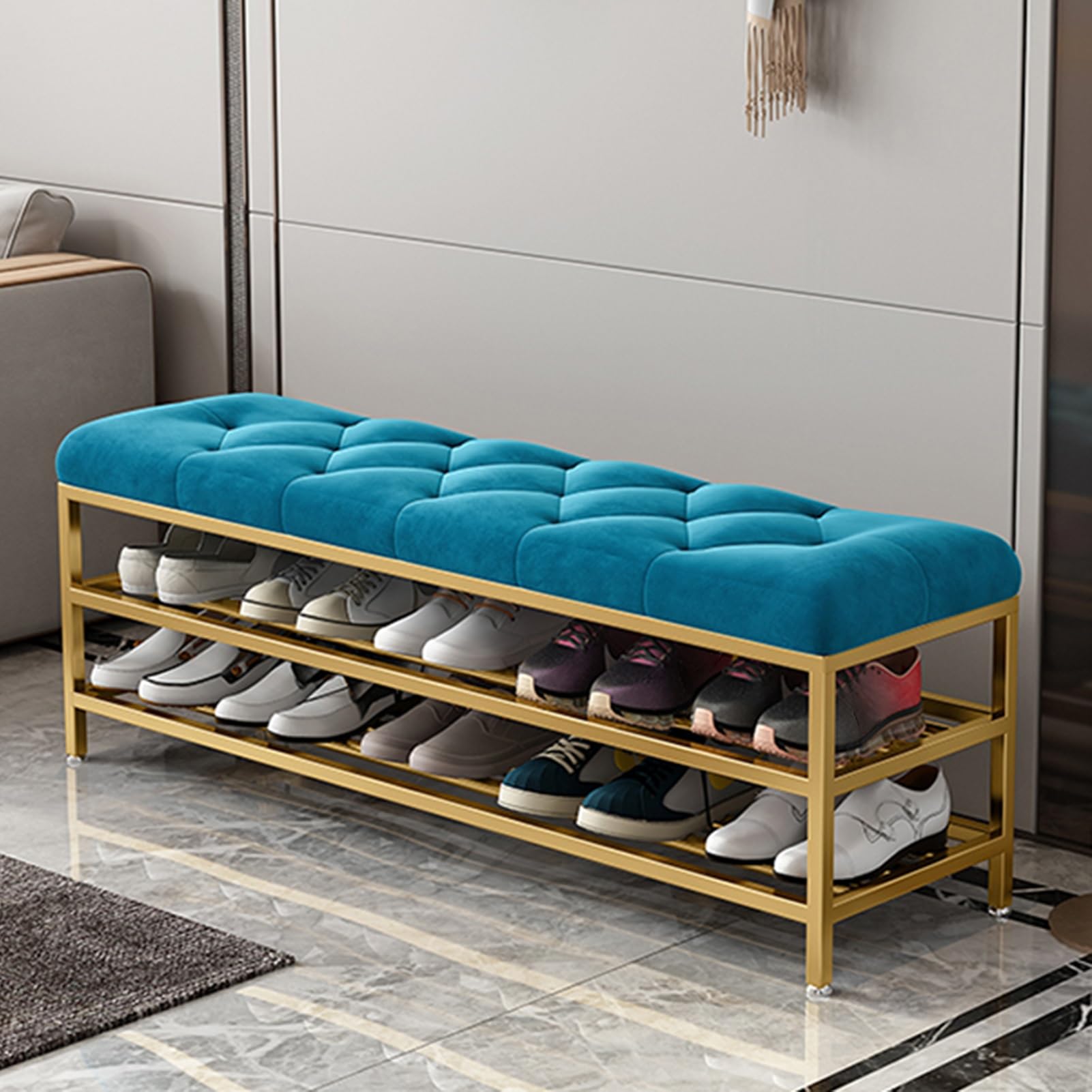 Étagère à chaussures avec banc rembourré bleu, meuble de rangement entrée compact 60cm