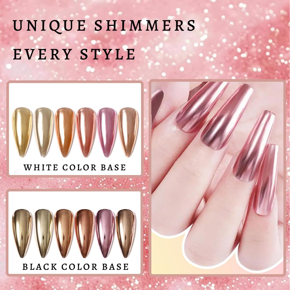 6 Pcs Polvere per Unghie Cromate in Oro Rosa, Set Pigmenti Metallici Unghie con Effetto Specchio Magico per la Decorazione Nail Art