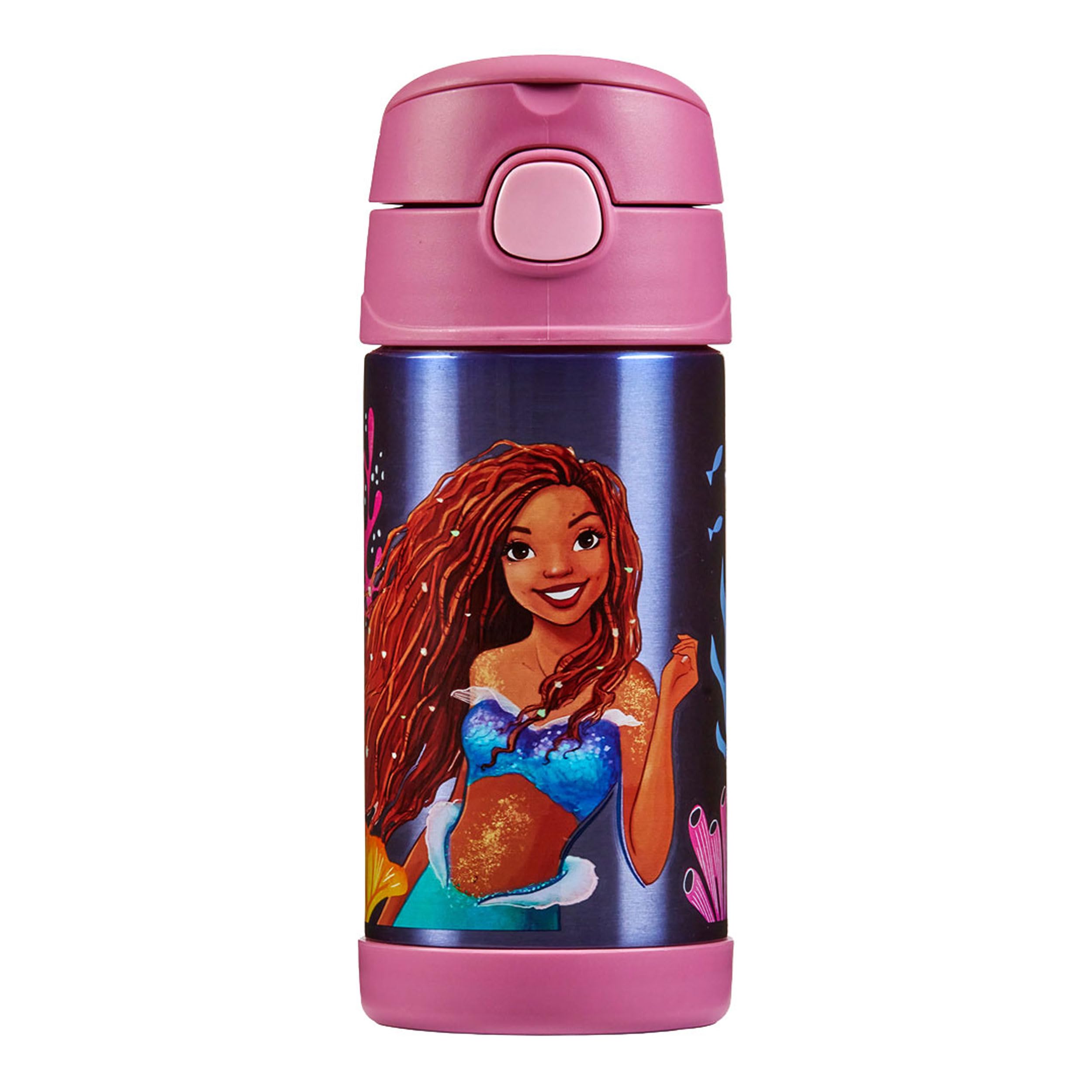 Thermos, The Little Mermaid Water Bottle (355ml), BPA Free, Stainless Steel, Spill Proof, Pop-Up Straw