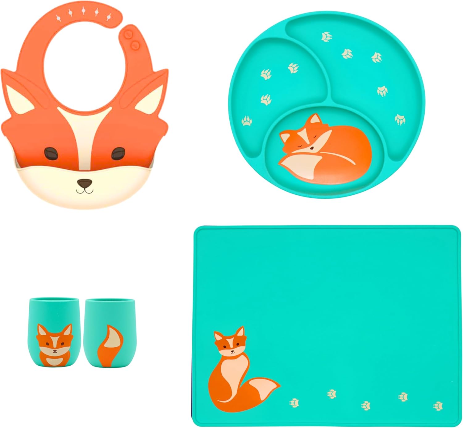 Silly Goose Silicone Baby Feeding Set with Cute Bib, Suction Divided Plate, Open Top Cup, and Travel Placemat, Cute Fox Design, Baby Led Weaning Supplies for Babies and Toddlers, Dishwasher Friendly