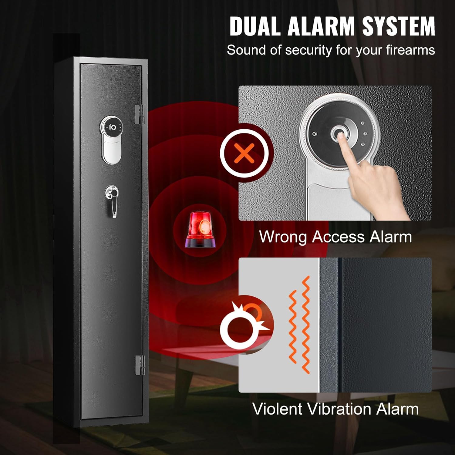 Diagram illustrating the VEVOR gun safe's dual alarm system, which activates upon wrong access attempts or violent vibrations.