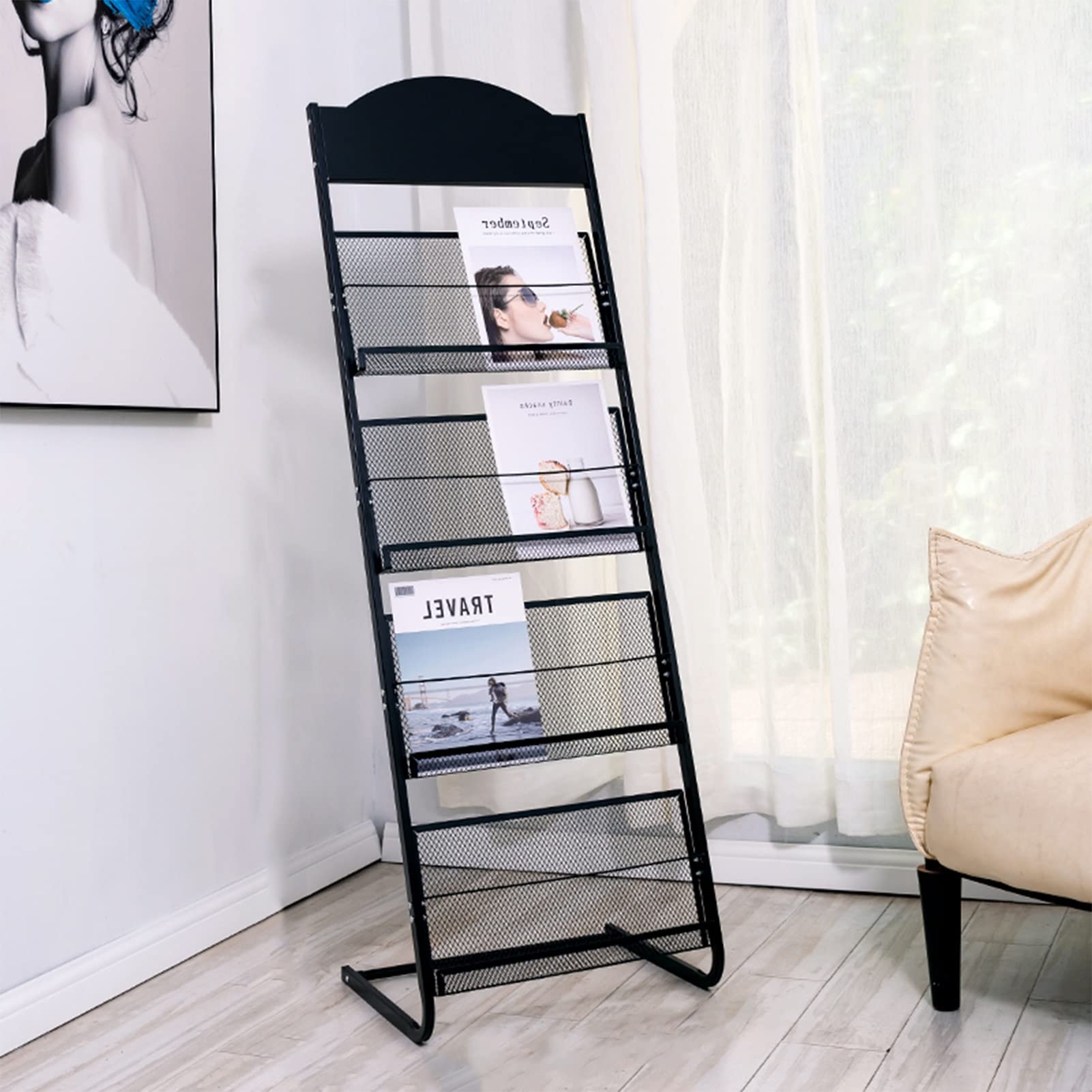 ASerZenith Portable Literature Stand Office Magazine Rack, Freestanding Magazine Holders Brochure Storage for Shelves, for Waiting Room, Living Room (Black)