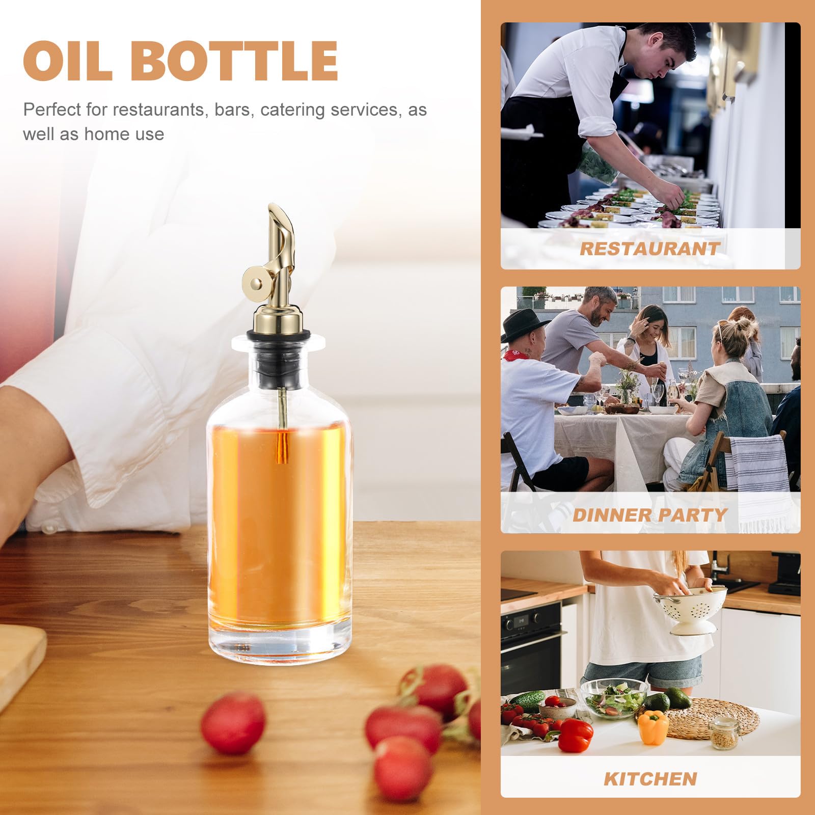 Botellas de Vidrio para Aceite y Vinagre 350ml, Dosificador Automático Boquilla Dorada Antigoteo, Set de 2 Unidades para Cocina y Restaurante, Dispensador Controlado para