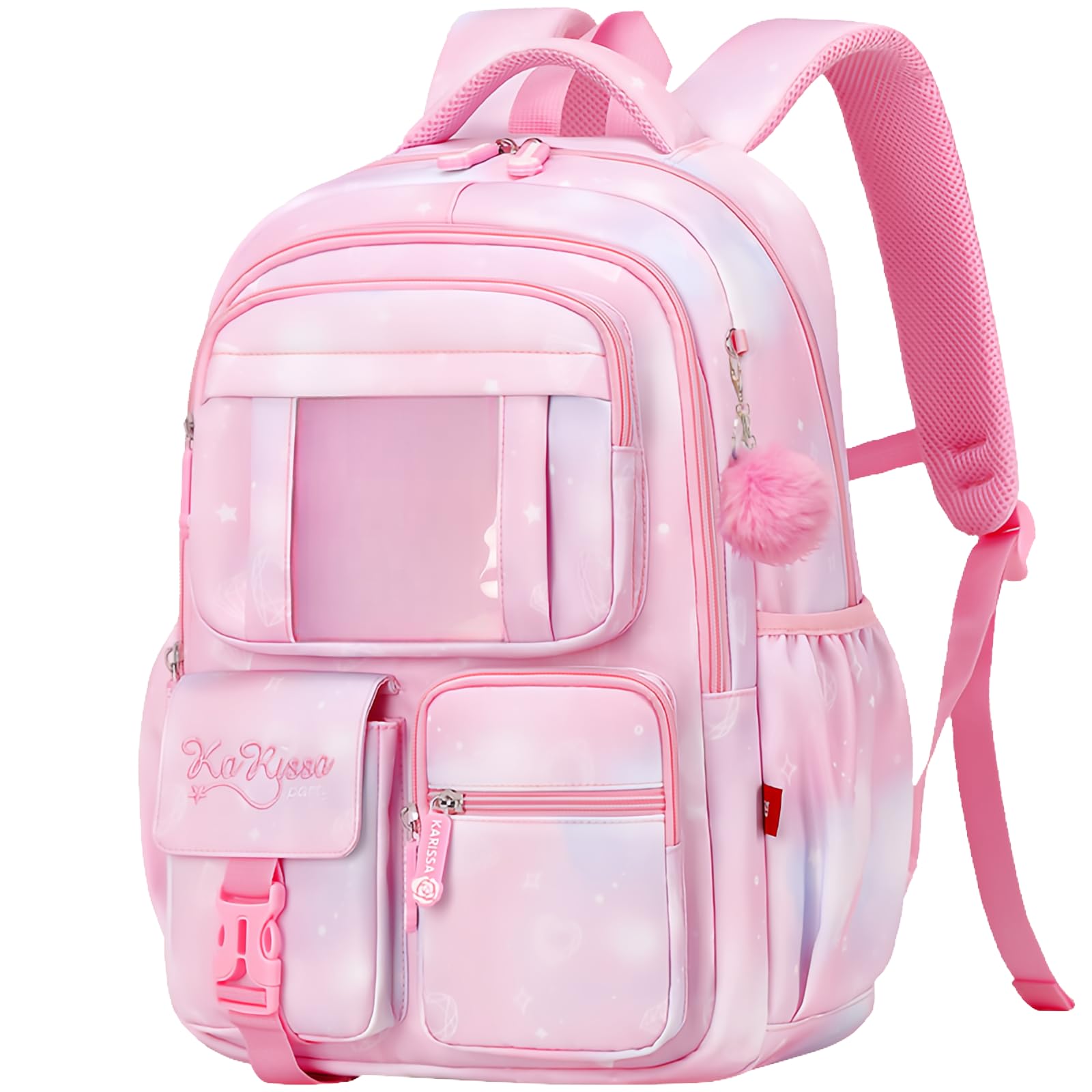Kids Backpack for Girls, Kawaii Girls Backpack School Bags with Plush Ball Pendant, B05-Pink