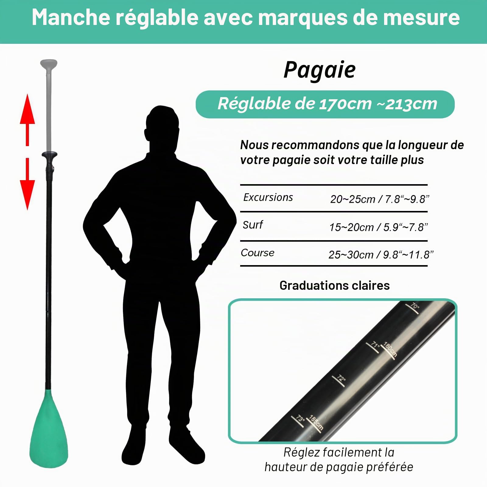 BeGrit Pagaie Paddle 2-en-1 en Aluminium avec Laisse Réglable de 170 cm à 210 cm Rame Paddle Amovible pour Kayak Canoë Stand Up Paddle Sup, Pagaie Double