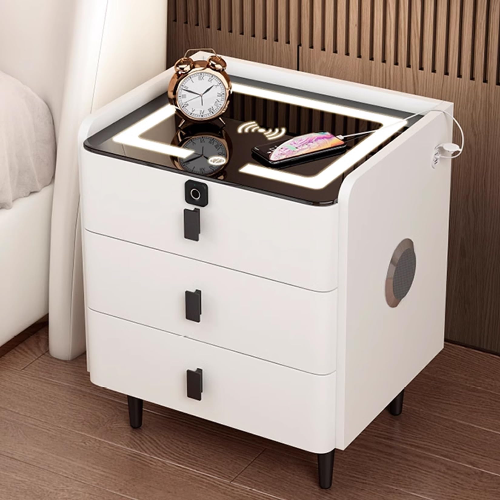 ASerZenith Nightstand With Charging Station And Fingerprint Lock,Bedside Tables With Led Lights And Usb Ports,3 Drawers End Tables,White+Black-35Cm