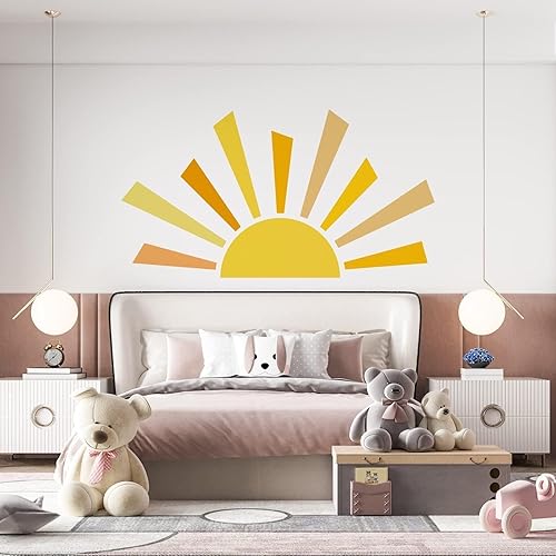 Miniatura 4 de Calcomanía de pared de medio sol bohemio de 42.1 x 23.6 pulgadas, calcomanías de pared grandes de sol, vinilo extraíble para despegar y pegar para
