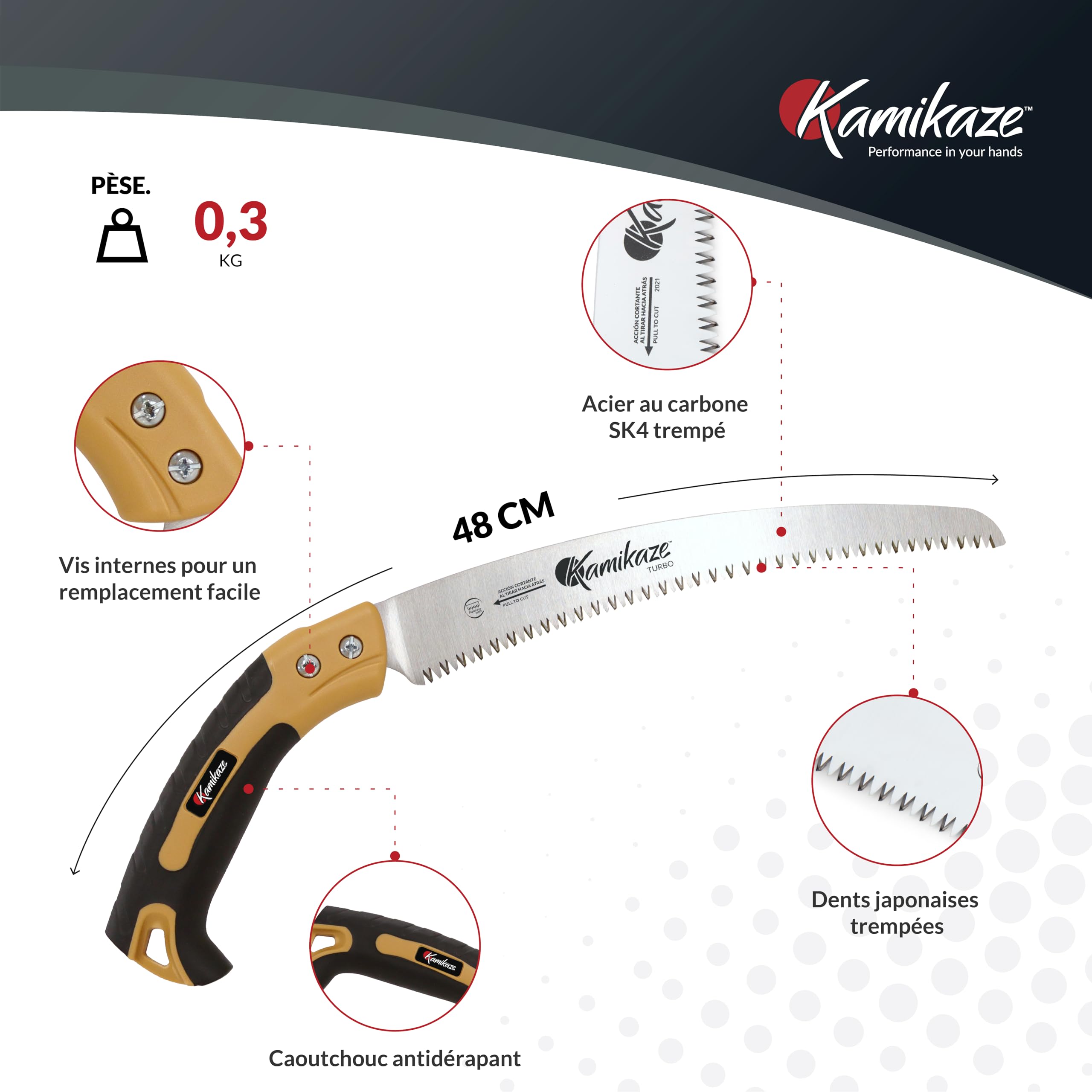 KAMIKAZE Scie d'élagage KM S-330 MAX. 80mm Ø. Livré avec étui. Acier SK-4 denté japonaise. Scie courbée. Fabriqué et conçu en Espagne