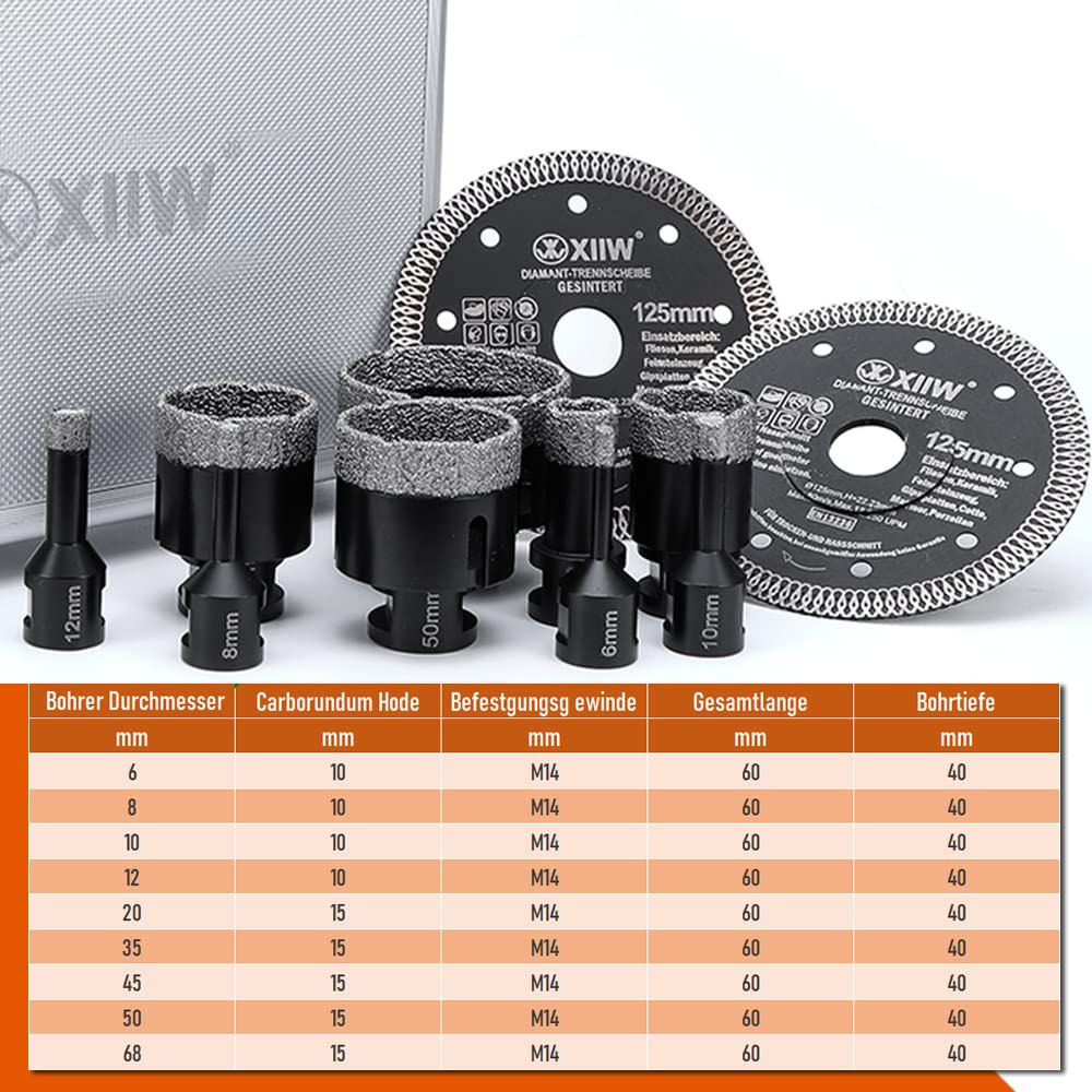 11-częściowy zestaw wierteł do płytek M14 x 15 mm, diamentowa koronka wiertnicza 6-68 mm + tarcza tnąca 125 mm, do szlifierek kątowych, otwornic, płytek, granitu, gresu, ceramiki, muru, koronki