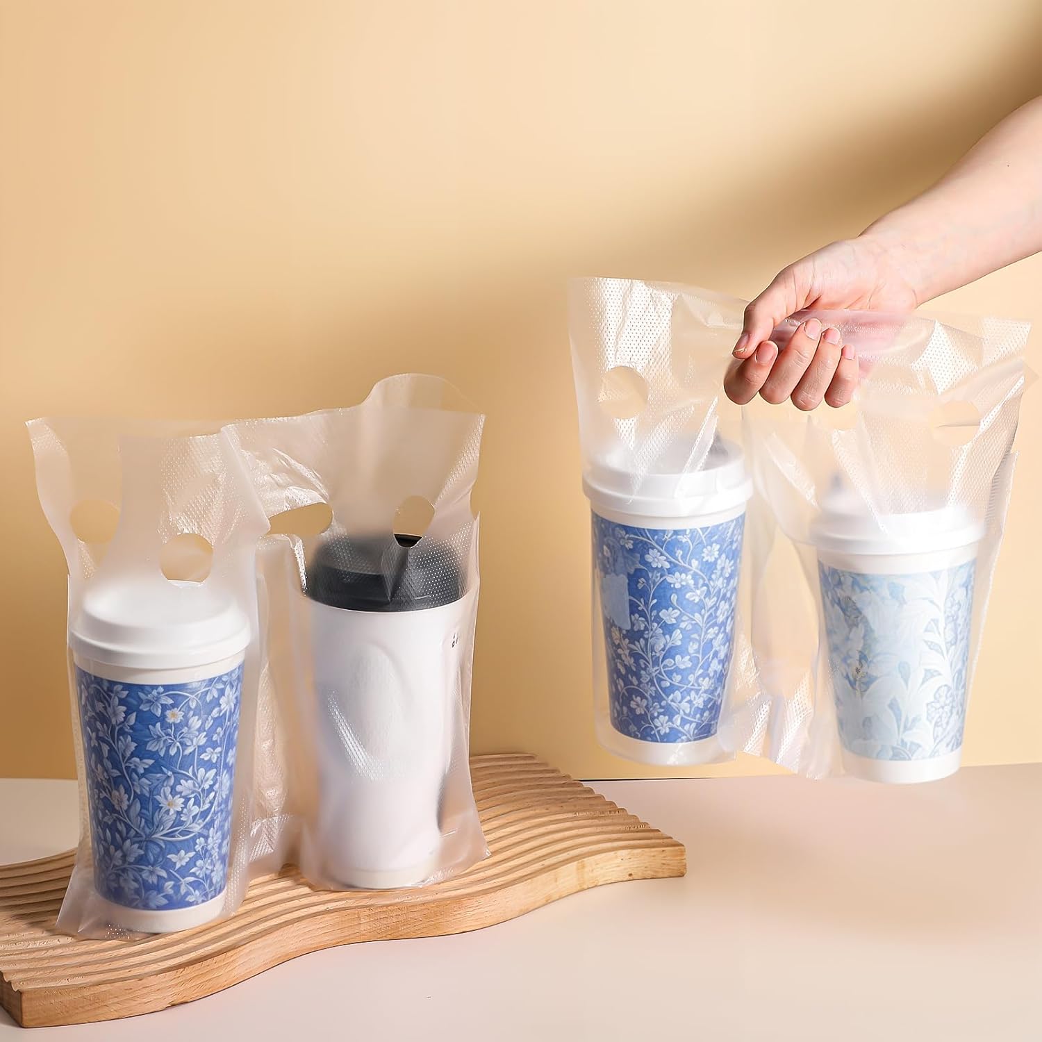 300 Pack Handle Drinking Poly Bags, Clear Plastic Packaging Bags for Delivery, 12" L x 12.2" H Hanging Hole Cup Carrier with Handle for Take Out, Beverage, Coffee, Juice, Stores, Hold 2 Cups