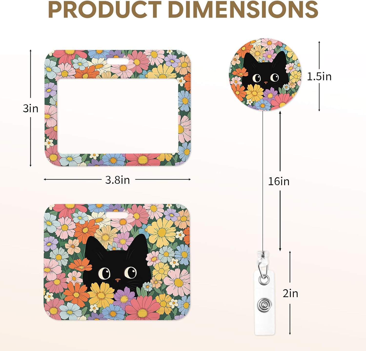 ID Badge Holders Retractable, Cute Cat Horizontal ID Badge Holder and Retractable Badge Reel with Alligator Clip, Black Cat Floral Name Tag ID Card Holder Work Badges for Teacher Nurse Office Supplies image 2