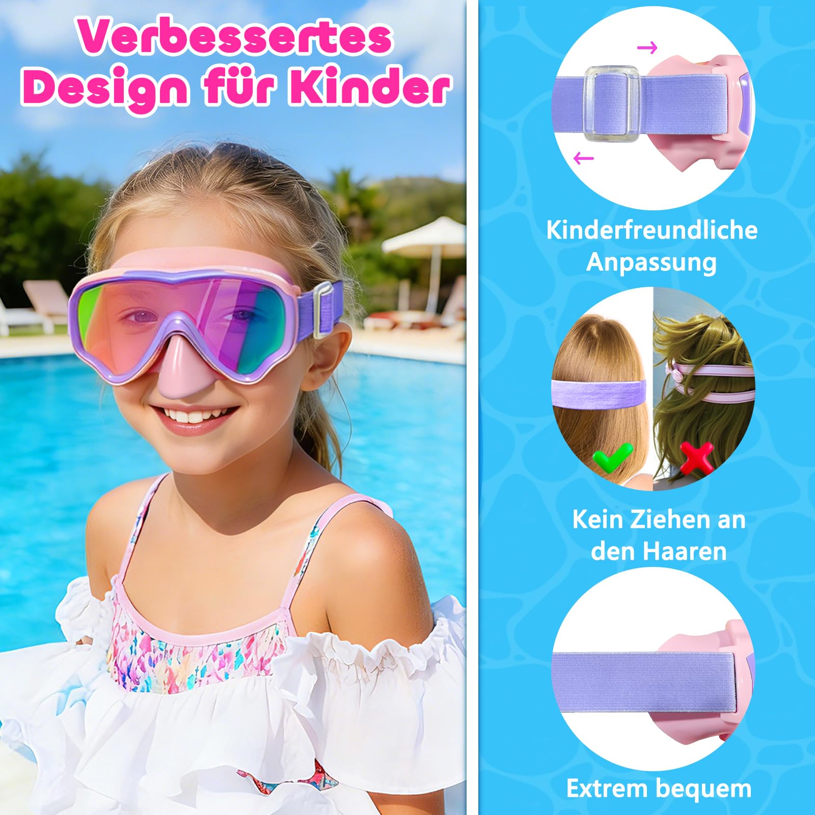 Taucherbrille Kinder mit Weichem Stoffband, MOMUSE Kinder Schwimmbrille mit 3D Nasenabdeckung, Tauchmaske Antibeschlag, Bruchsichere Linse & UV-Schutz, Schnorchelmaske für Jungen Mädchen 3-14 Jahr
