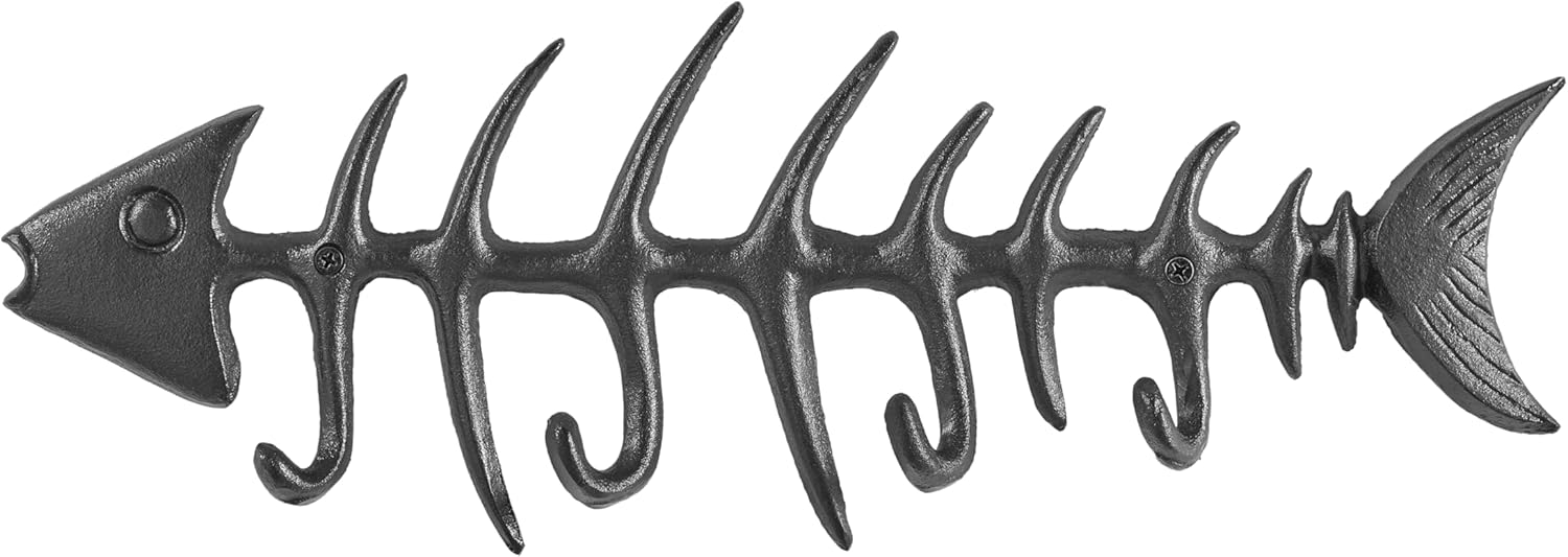 Danya B. Dark Brown Cast Iron Fishbone Decorative Wall Sculpture Utility Hook Unit with 4 Hooks