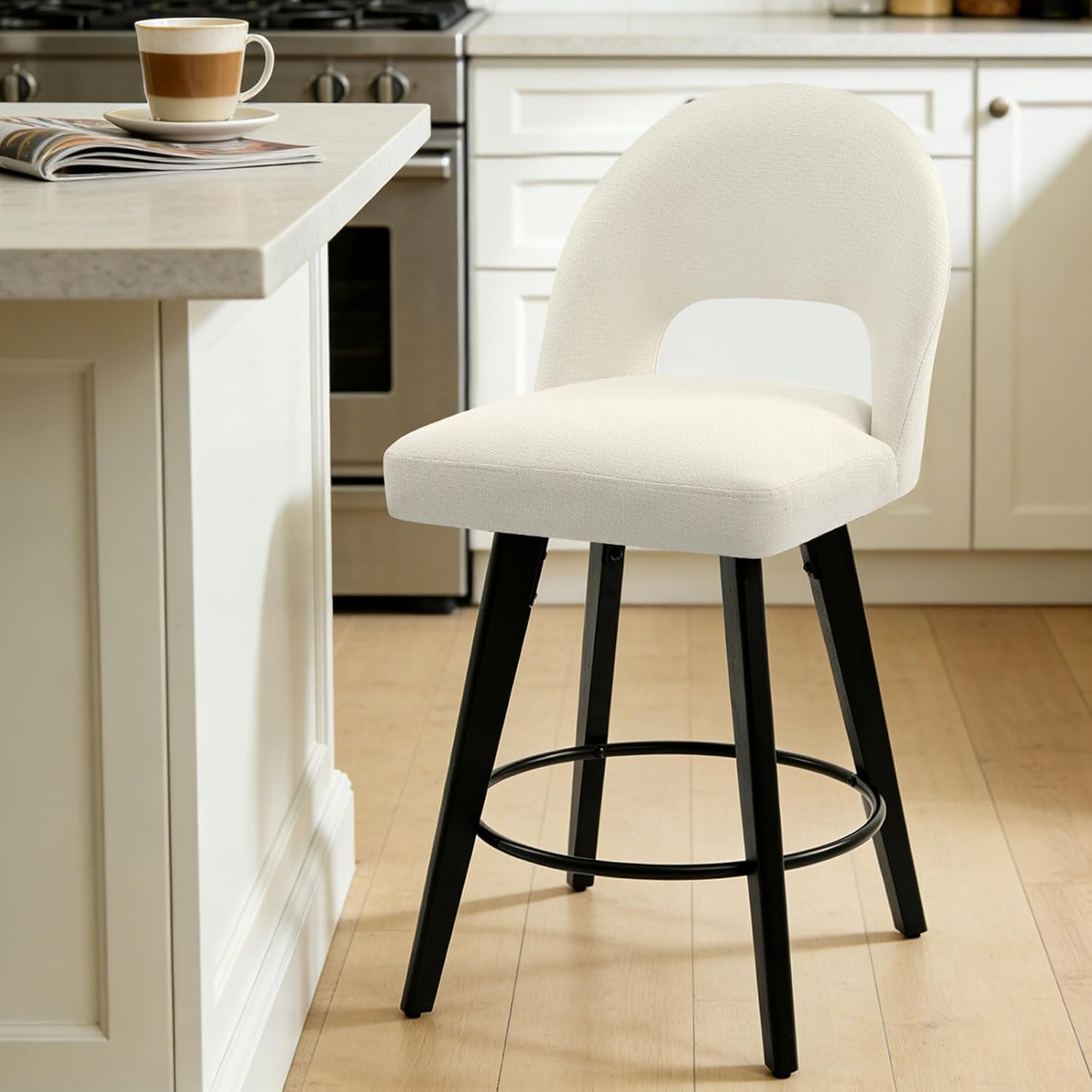 Swivel bar Stool, Upholstered Counter Height Stool with Back, Modern 26 Inch Linen Fabric Counter Stool with Solid Rubberwood Legs for Kitchen Island, Dining Room, Home Pub, Cream White