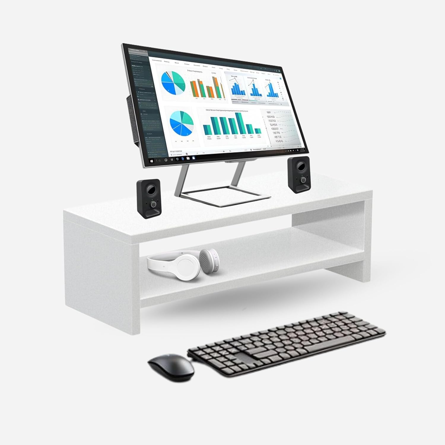 flux Monitor Stand Two Tier Mini with two Wooden legs Organizer Ergonomic Monitor Riser laptop stand, Desk Table top organiser, Material: MDF & Metal (50cm x 20cm x 15cm) (White)