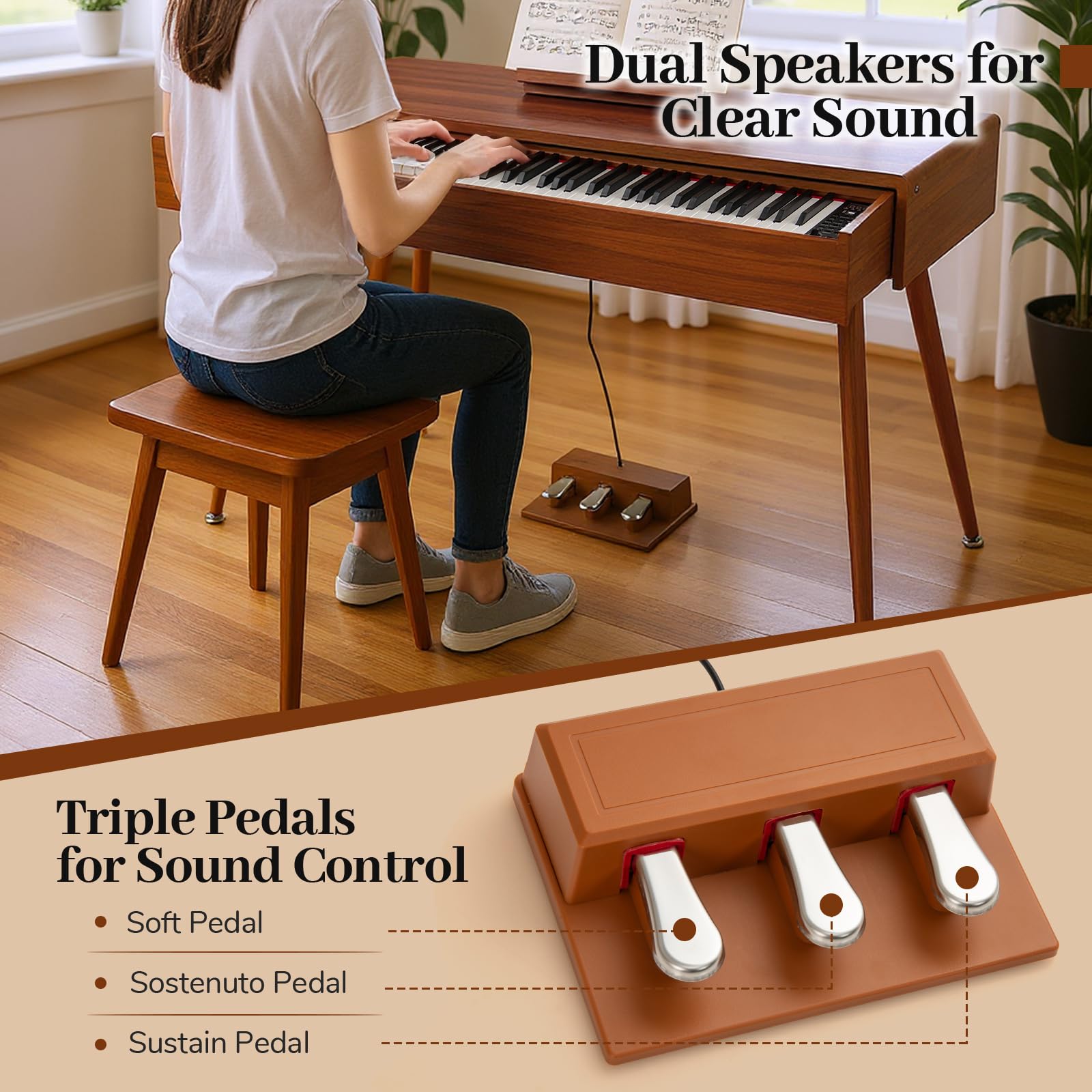 KOMFOTTEU Piano Numérique 88 Touches, Clavier Pianos Électroniques avec 800 Sons & 600 Rythmes, Touches lourdes, Piano Numérique avec Pupitre & 3 Pédales, Mode double Clavier, Marron