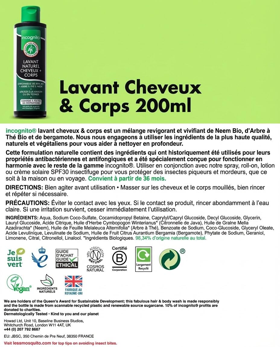 Incognito Gel Douche & Shampoing Java Citronella 200 ml – 2 en 1 Naturel – Aide à Repousser Moustiques et Insectes – Favorise des Cheveux Forts et une Peau Saine – Convient aux Femmes et aux Hommes