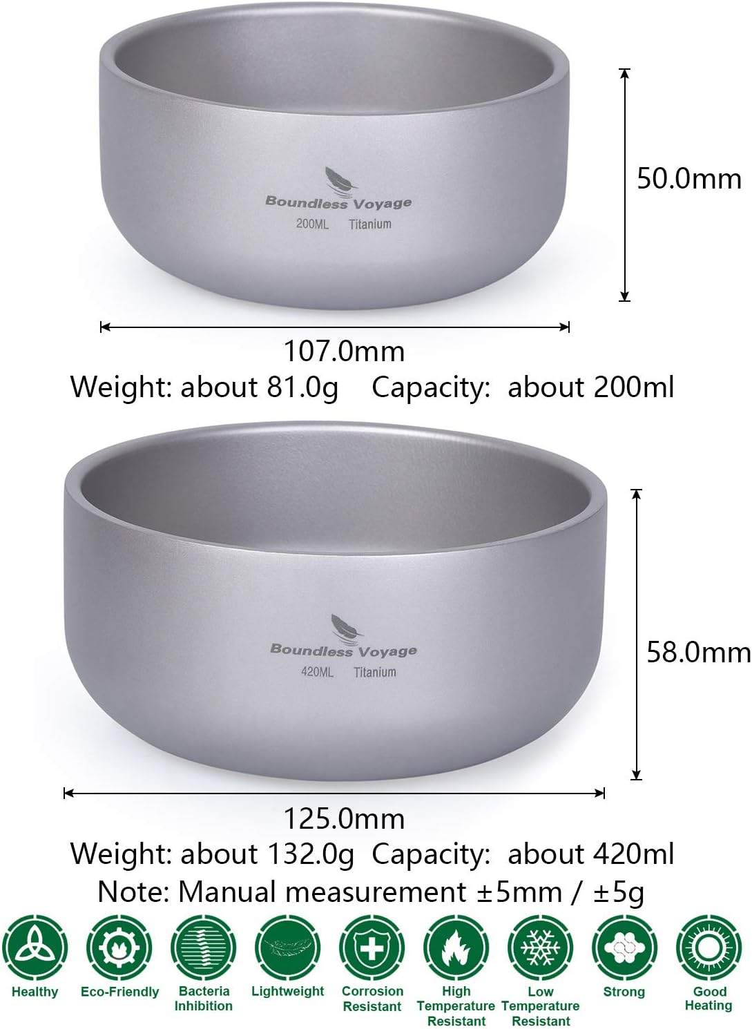 iBasingo Camping Titanium Bowl 420ml Double Walled Rice Soup Lightweight Outdoor Durable Metal Tableware for Outdoor Hiking Backpacking Home Use Dishwasher Safe - Image 3