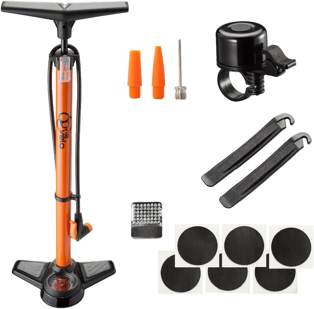 Bike Air Floor Pump - Via Velo Bike Pump with Steel Base, 160PSI Pressure & Large Gauge, Universal Head For Presta & Schrader Valves – Mini Bell, Repair Kit & Inflation Needle For Bikes and Balls