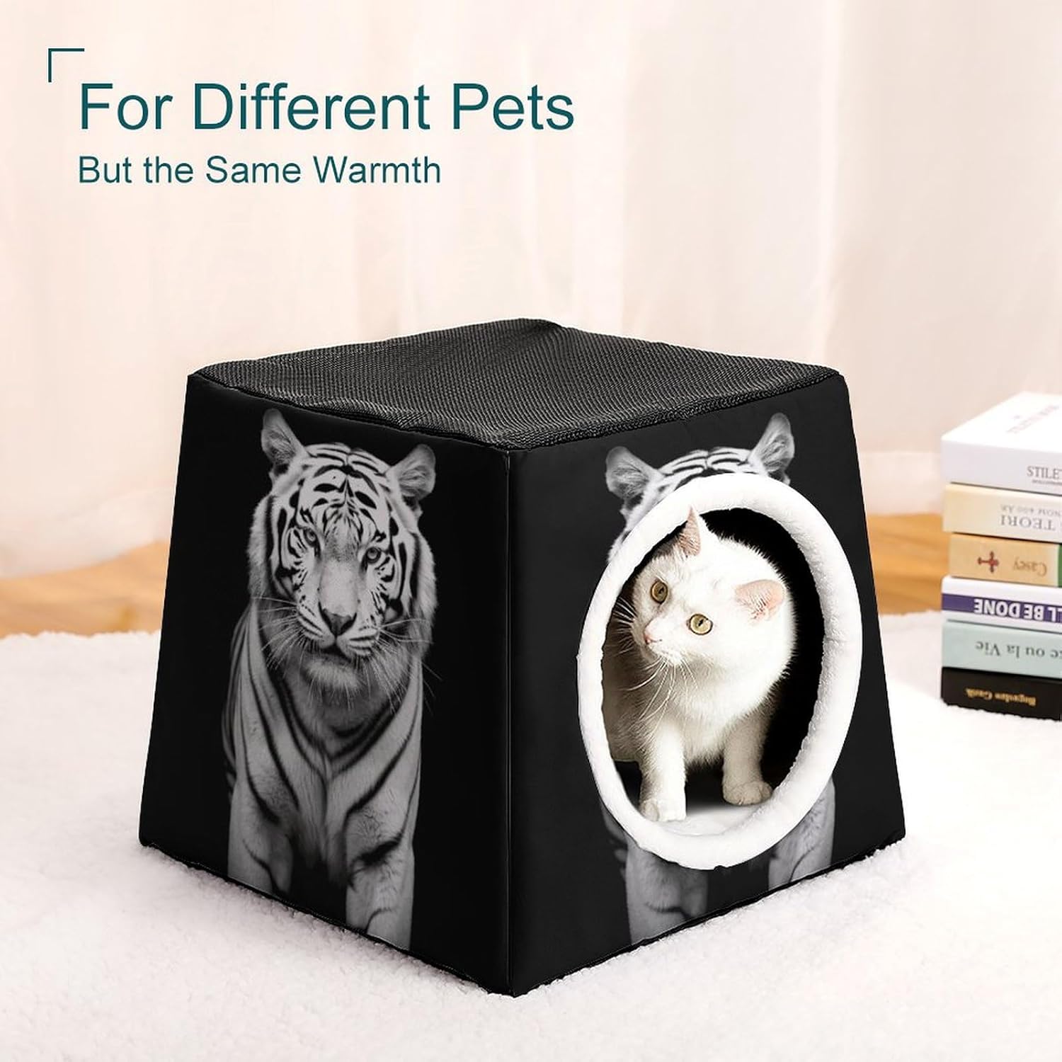 Pet Sleeping Nest Bed, Black and White Tiger Printed Dog House Cat Nest, Winter Pet House are Suitable for Most Cats, Dogs, and Other Small Pets