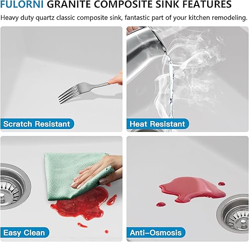 Miniatura 8 de Fregadero de cocina compuesto de granito 33 pulgadas - Fregadero de cocina de granito de 33 x 19 pulgadas, estación de trabajo de cuarzo blanco
