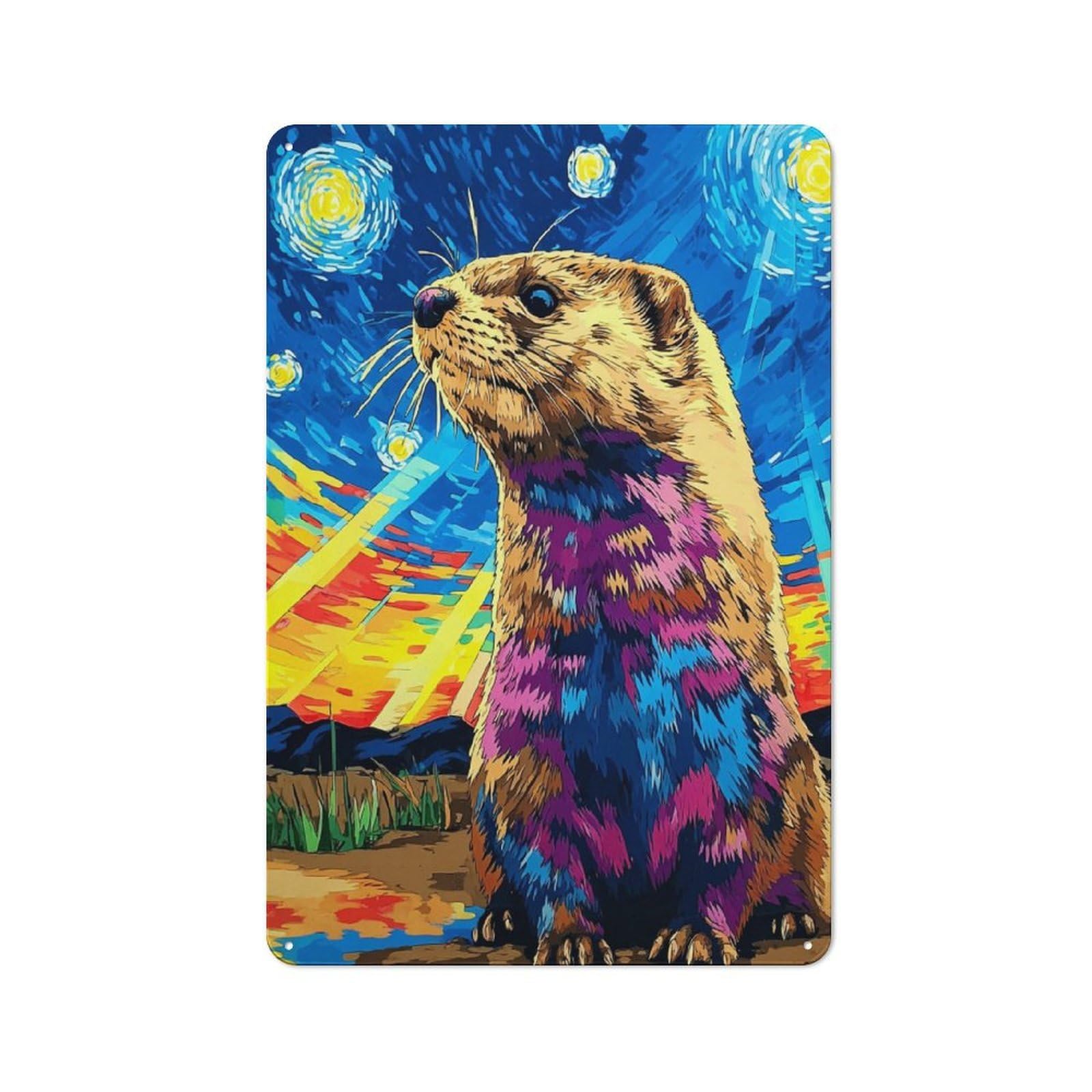 Junmoney Colorful Groundhog In Starry Night Rustic Metal Sign 30X20cm For Garage Wall, For Everyday Room Decor With A Rustic Look