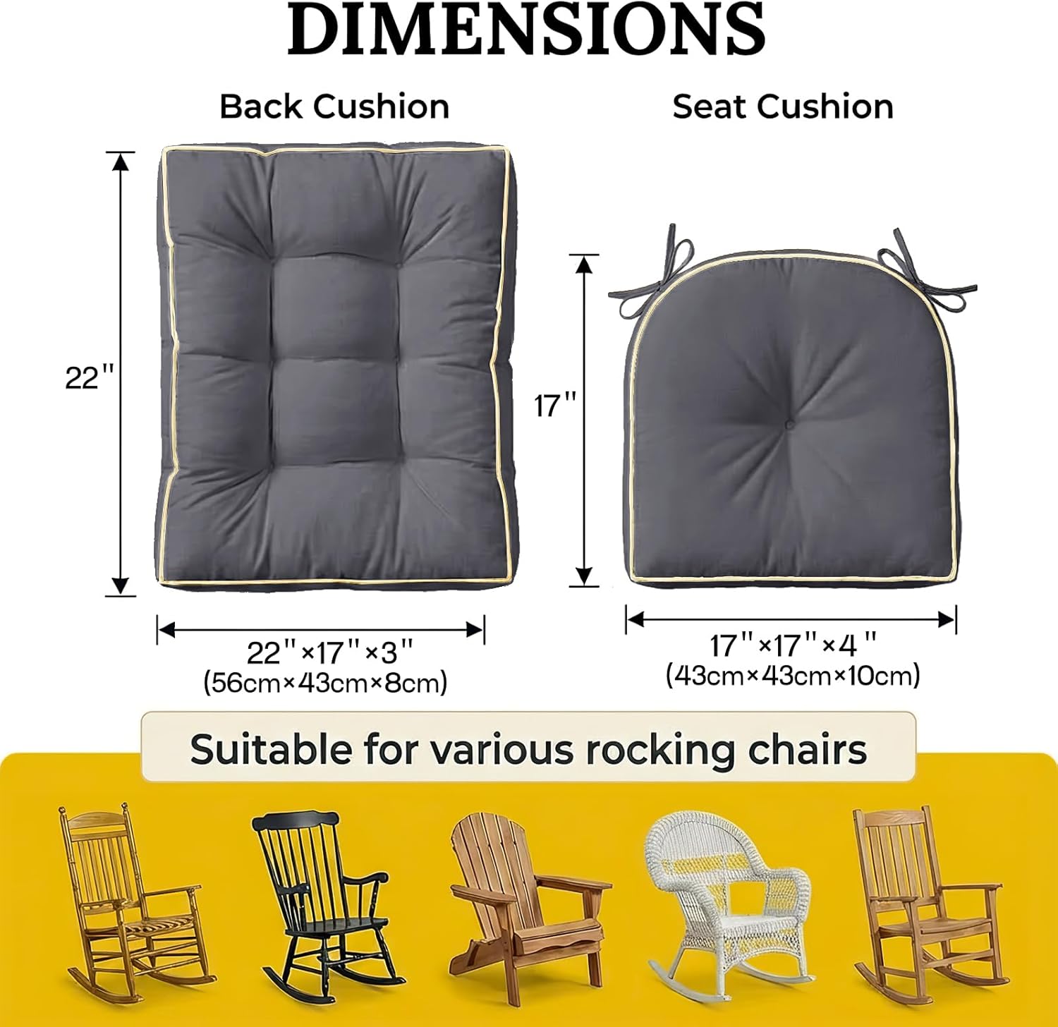 1 MIDDLE ONE Rocking Chair Cushion Outdoor Indoor, Memory Foam Replacement Rocking Chair Pads, Set of Thicken Seat & Back Cushions with Ties for Rocker (Grey, 22"X17"/17"X17")