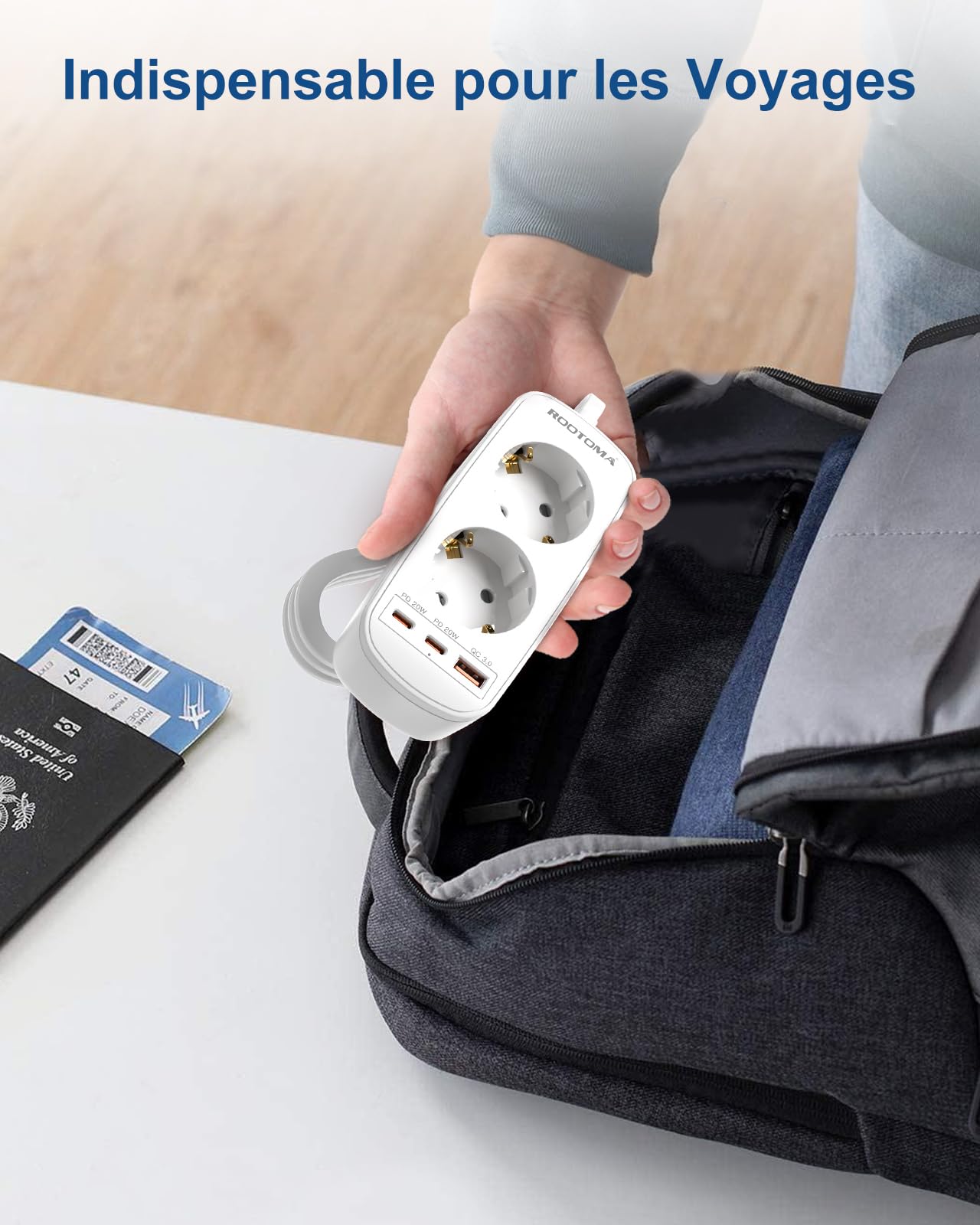 Adaptateur Prise Japon, 5 en 1 Adaptateur Japon avec 3 USB (PD20W/QC3.0), Double Prise pour Japon, Panama, Thaïlande, Viêt Nam, Taïwan, 1,5 M Câble, Type A