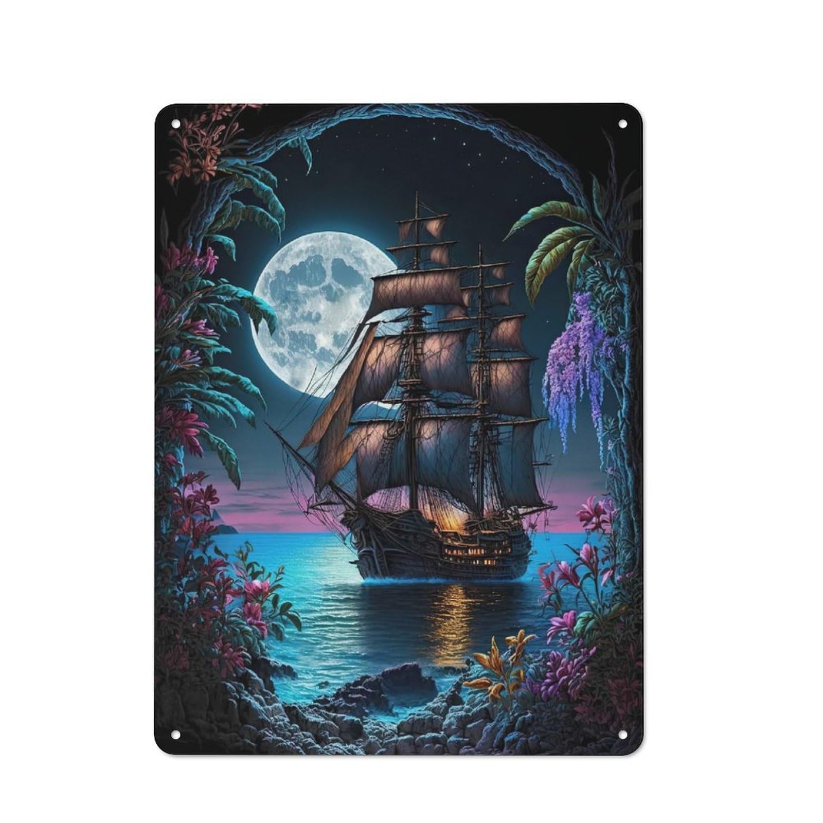 Junmoney Pirate Ship Moonlight Classic Metal Wall Sign 40X30cm, Pub Wall Decor For Diner, Restaurant, Shed Or Kitchen