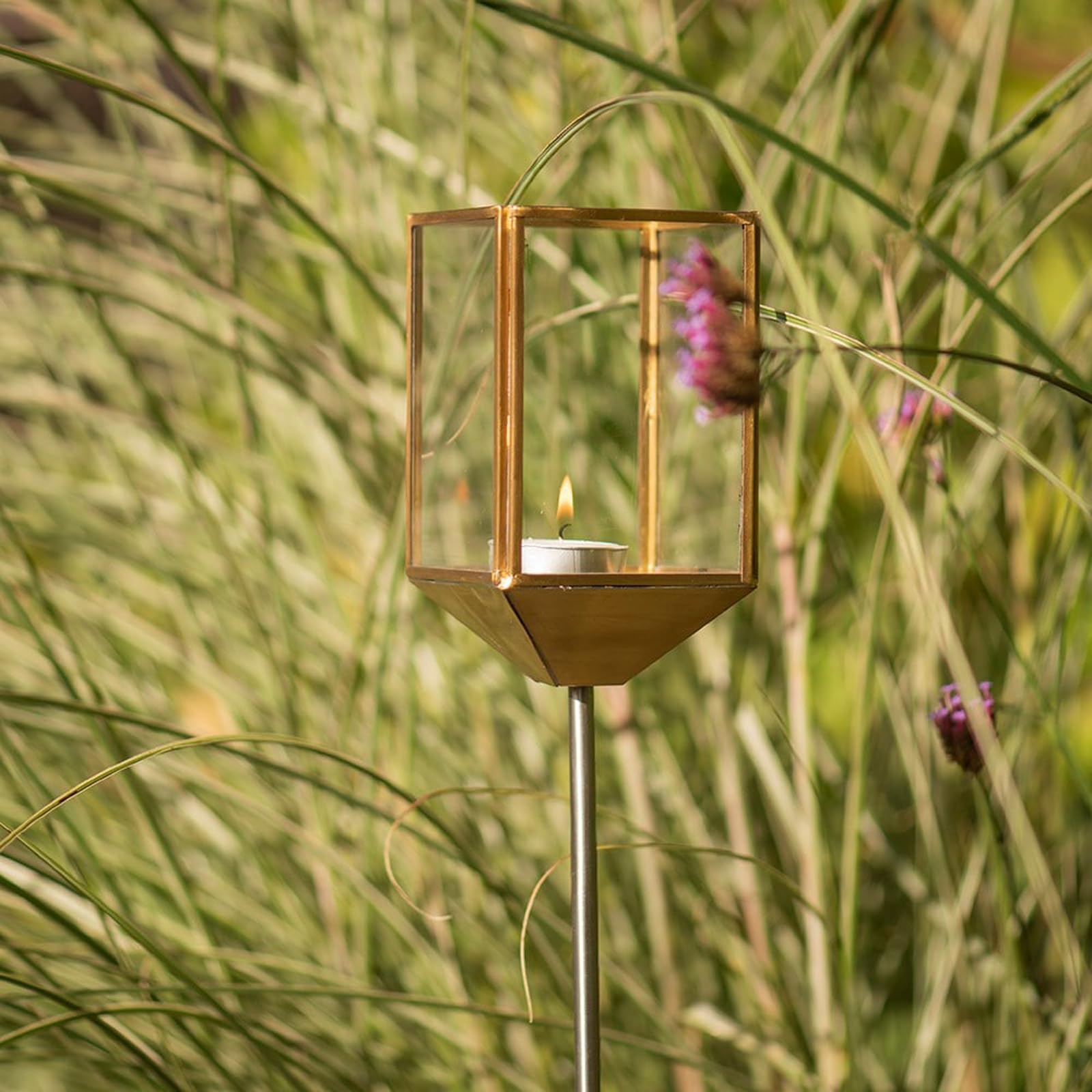 Crocus Copper Collection 89Cm Tealight Lantern Stake Brushed Brass And Toughened Glass Candle Holder