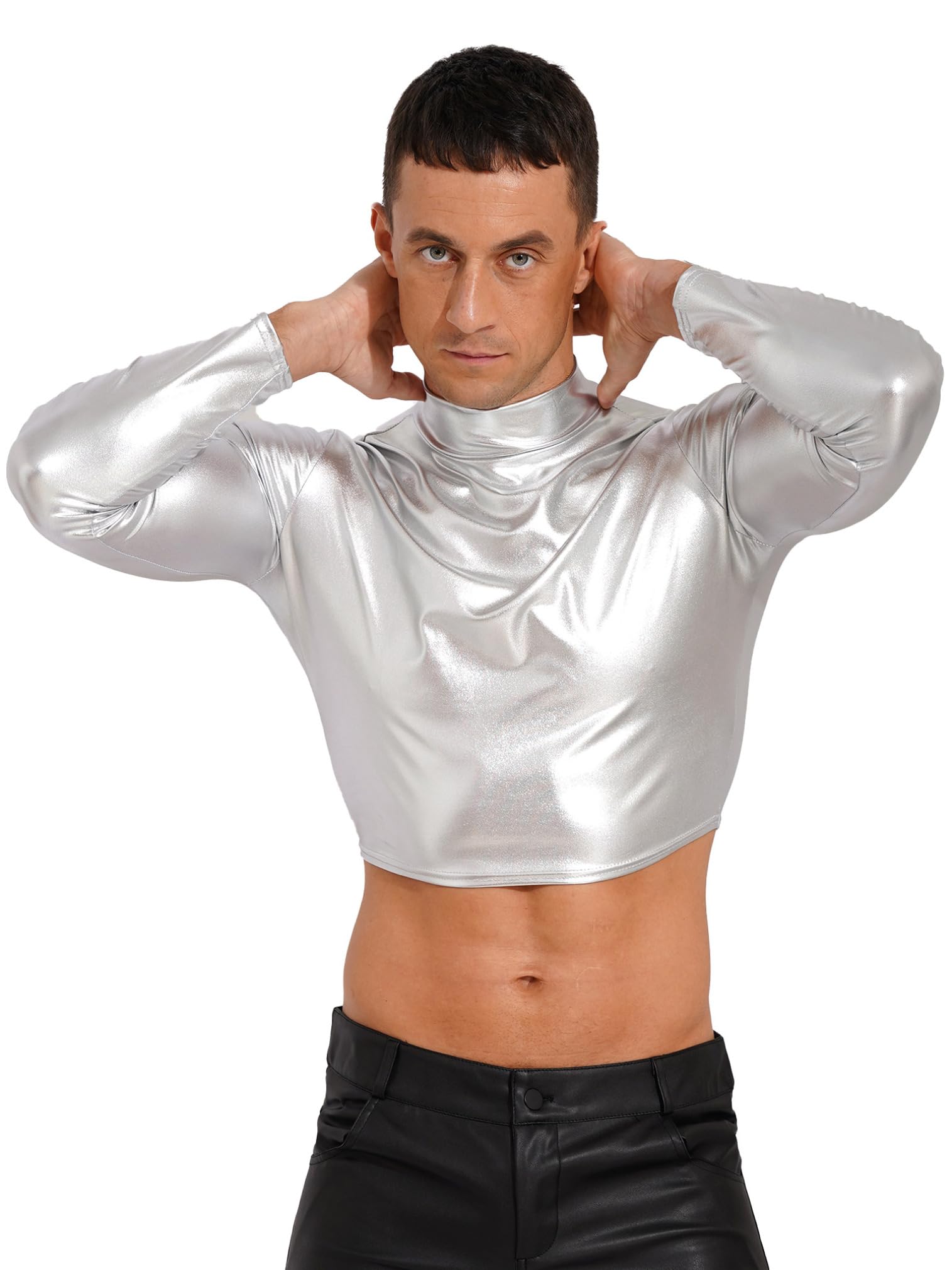 easyforever Men's Metallic Mock Neck Long Sleeve Crop Top Shiny Compression Shirts for Club Party Silver Large
