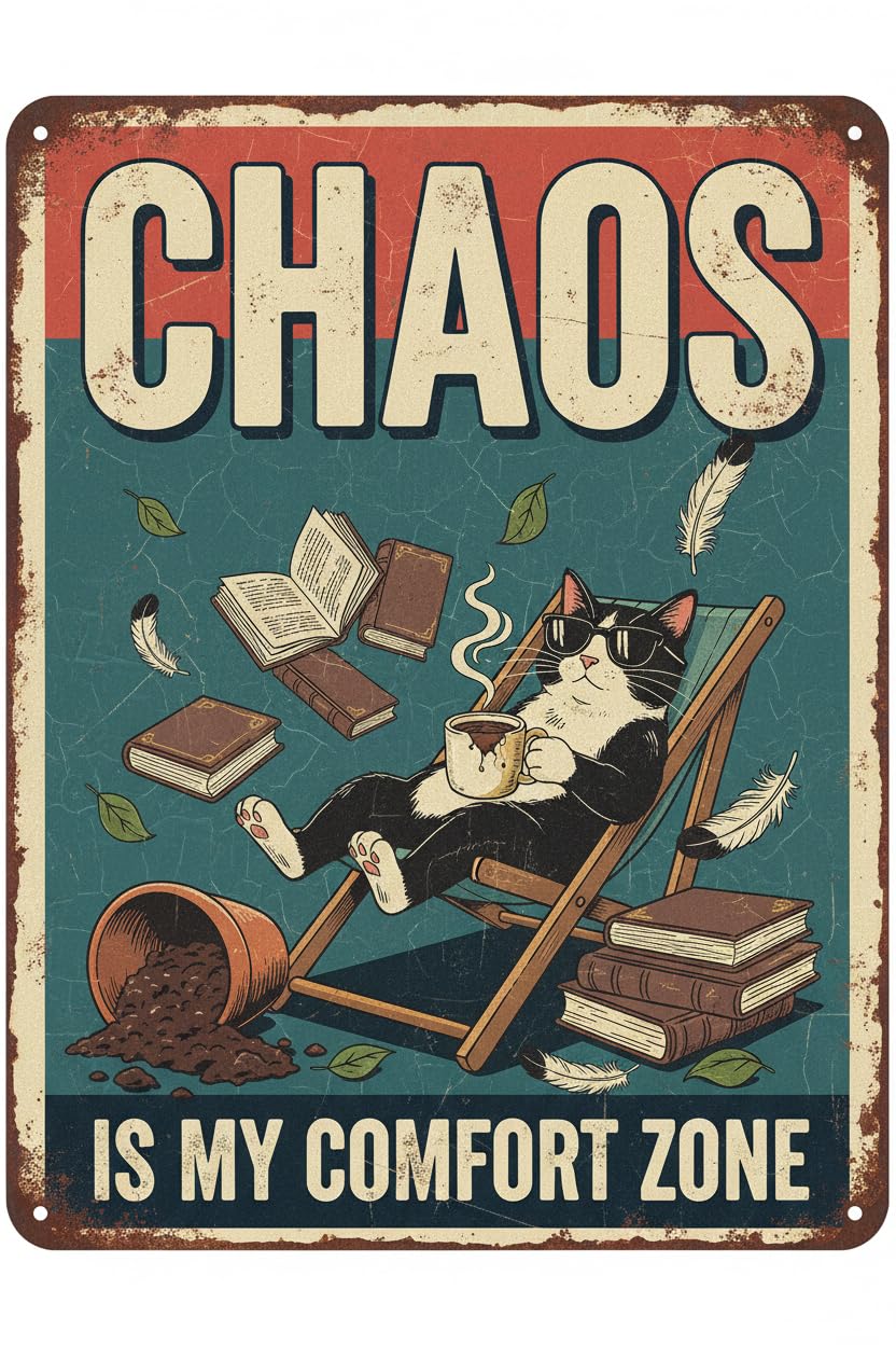 Chaos Is My Comfort Zone Cat Tin Sign, 8x12 Inch