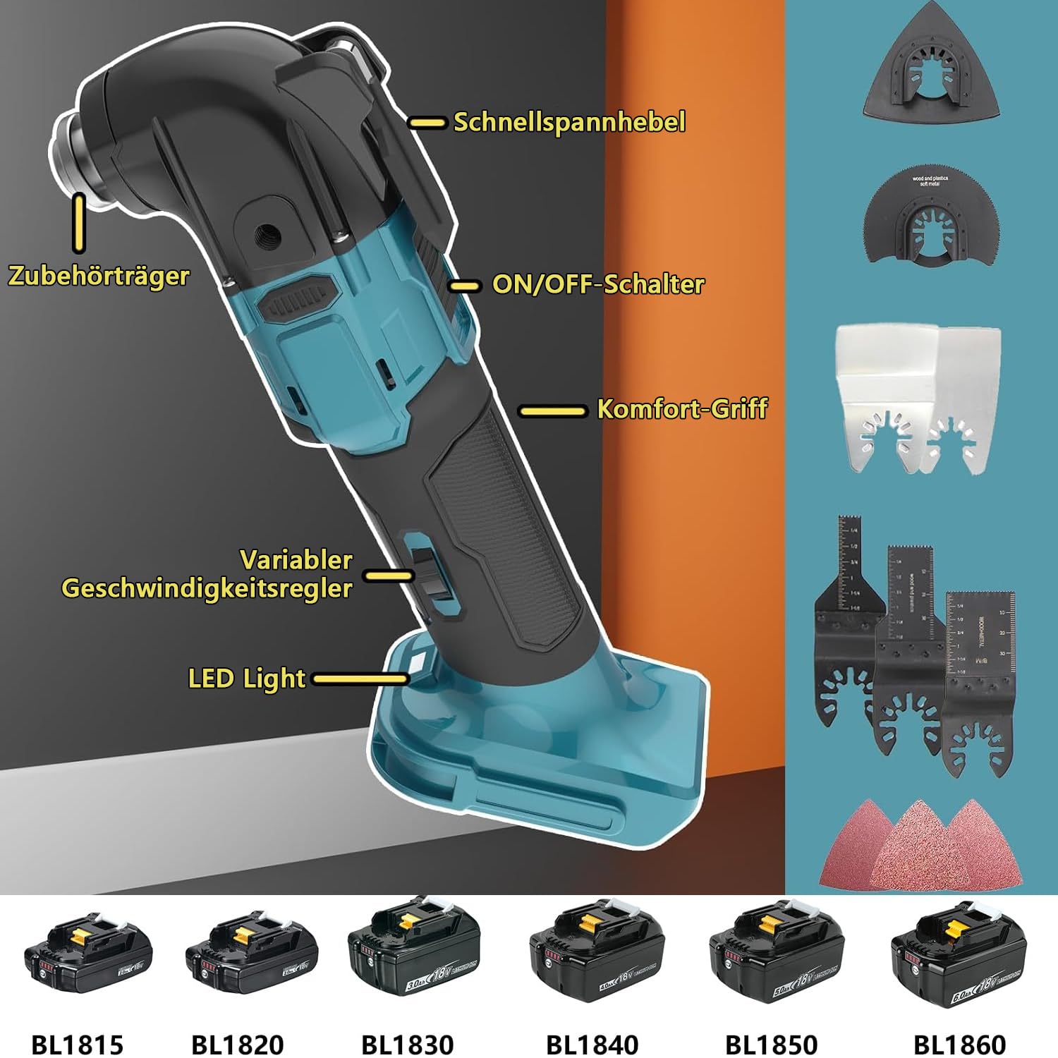 Strumento Oscillante, Utensile Multifunzione Oscillante per Batteria Makita 18 V agli ioni di litio, 6 Velocità Variabile, Senza Spazzole, Multiutensile Per Raschiatura, Taglio, Lucidatura