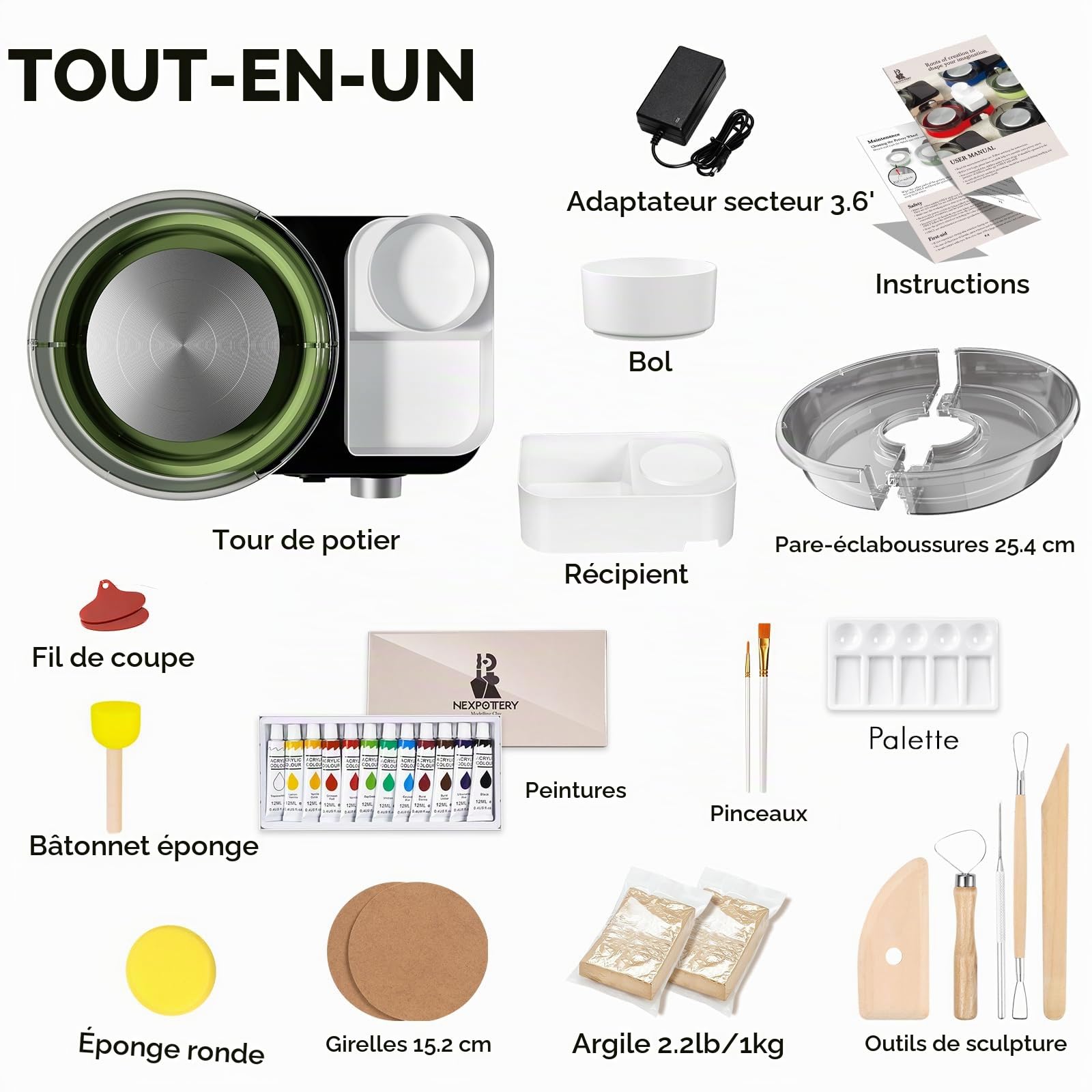 Tour de Potier Électrique Vert Clair – Kit de Poterie Complet pour Adultes avec 1kg d'Argile, 0-200 Tr/min Réglable, Machine Professionnelle Silencieuse pour Débutants, Cadeau Créatif