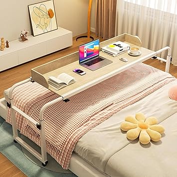 Bedtable Overbed Table with Wheels, Height Adjustable Computer Desk Standing Workstation Food Tray Desk Rolling Medical Table for Twin/Full/Queen/King Size Bed Frame