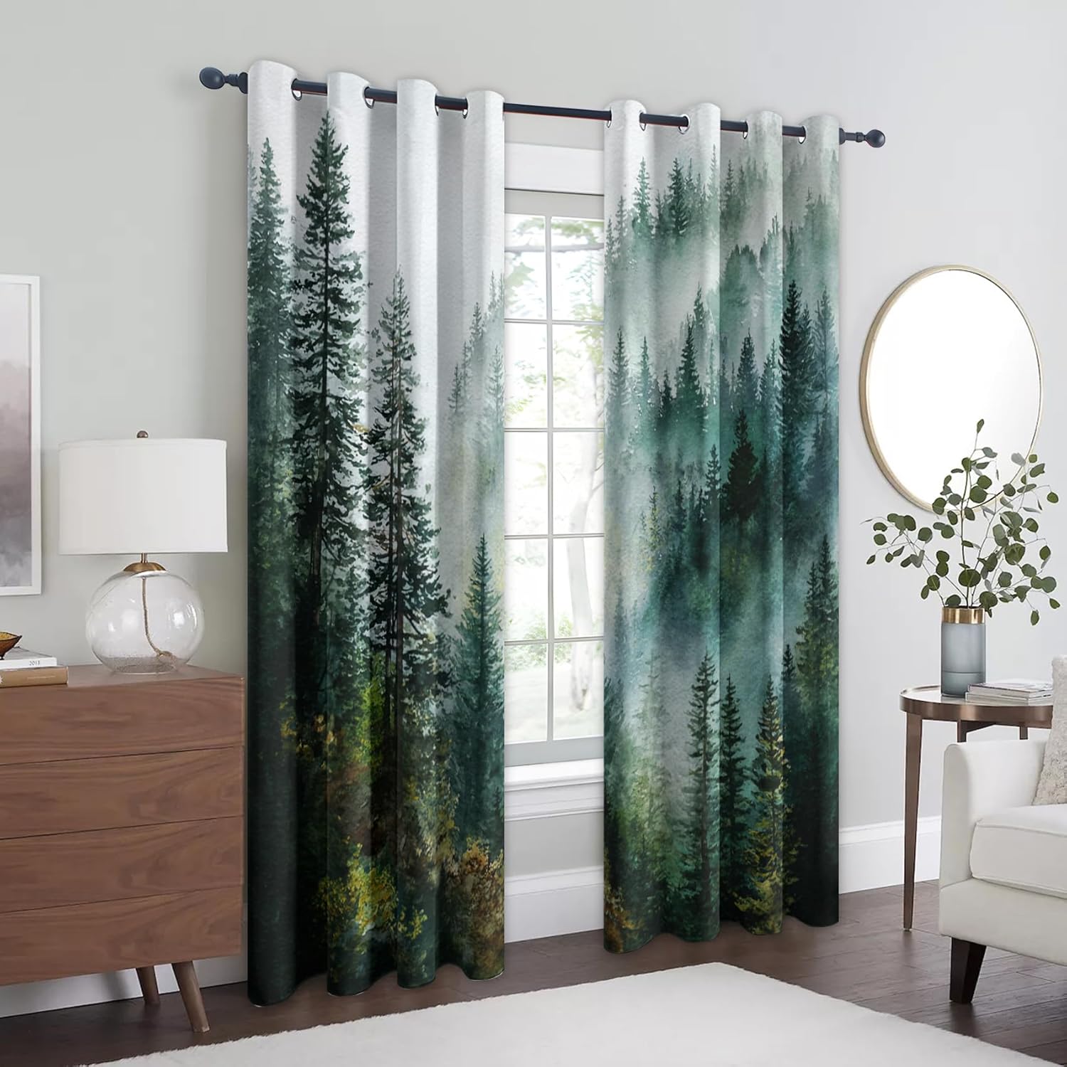 Misty Forest Bedroom Curtains 54 Inch - Green Pine Tree Nature Landscape Printed Living Room Curtains, Misty Forest Home Decor Blackout Window Drapes with Grommet, 2 Panels Set - HL9500