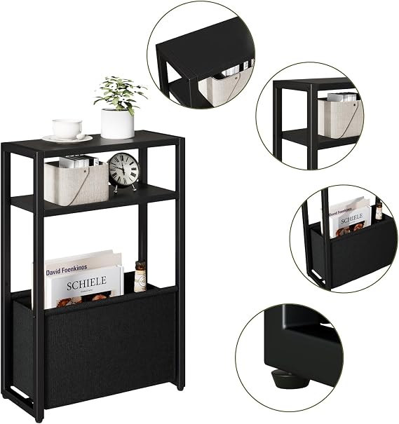 IBUYKE Narrow Side Table,Slim End Table with Fabric Basket,Black TMZ009B