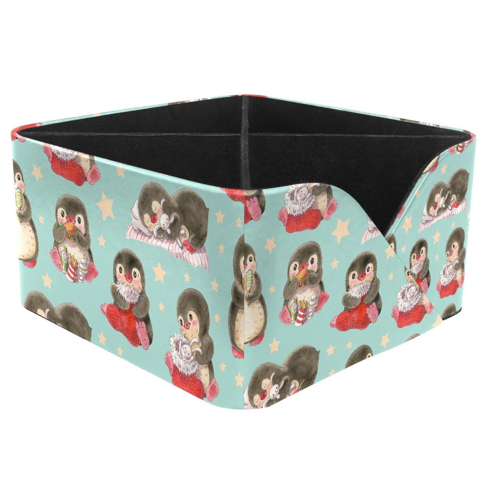 KengjuTesu Cute Penguins and Rabbit Eat Pattern Desktop Organizer Pen Holder, Rectangular Pencil Cup for Office, Study and Makeup Stations