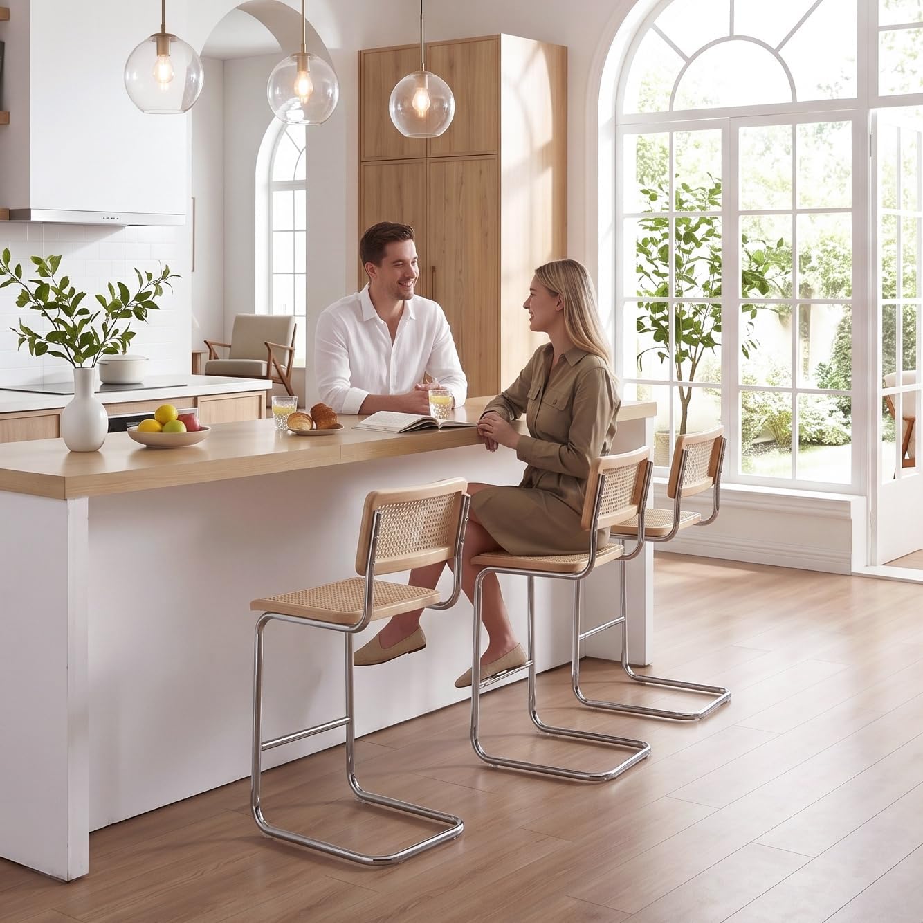 Flouki Counter Stool Rattan Set of 2, Rattan Counter Height Stools with Wood Back, 24 Inch Modern Bar Stools, Mid Century Cantilever Counter Chairs for Kitchen Island, Chrome Legs