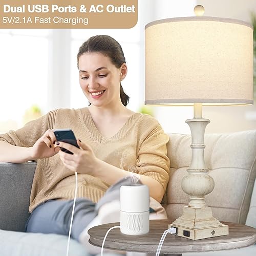 Miniatura 4 de 26" Farmhouse Table Lamps Set of 2, Rustic Touch Control Bedside Lamps with 2 USB Ports & AC Outlet, Vintage White Resin 3-Way Dimmable Nightstand