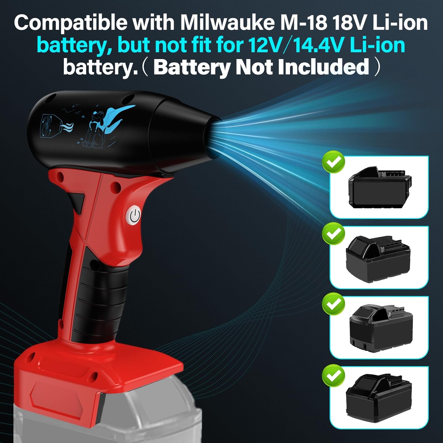 Compressed Air Duster, 130000RPM Air Blowers for Milwaukee 18V M-18 Battery, Cleaning Keyboard&PC 4 Gears Adjustable Wind Speed Cordless Jet Fan Dry Blower for Car,Home,Cleaning,Leaf Blower - Image 3