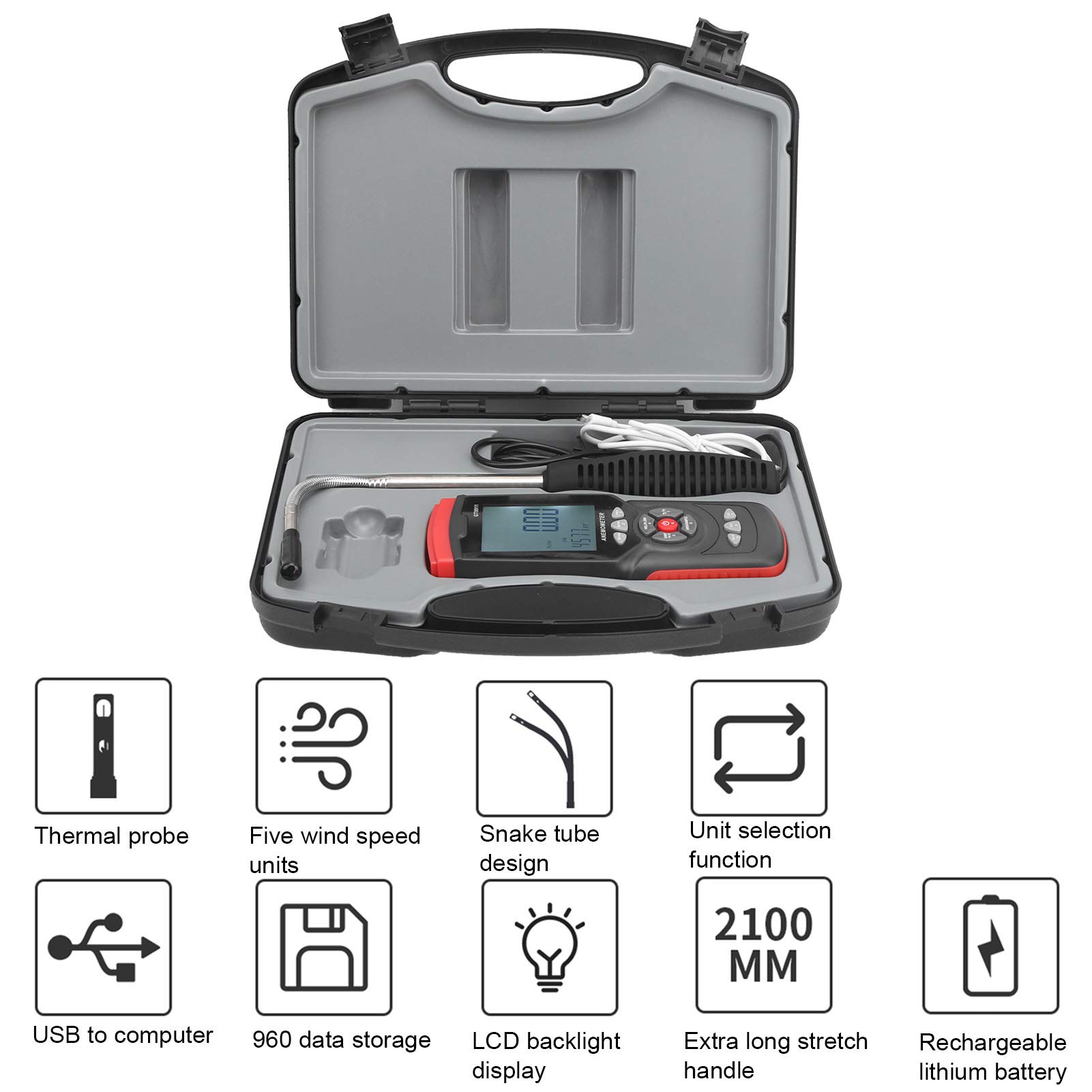 Anemómetro térmico PolyGen con sonda de cuello de cisne flexible, probador de velocidad del viento portátil que mide el flujo de aire, el volumen y la temperatura con pantalla LCD