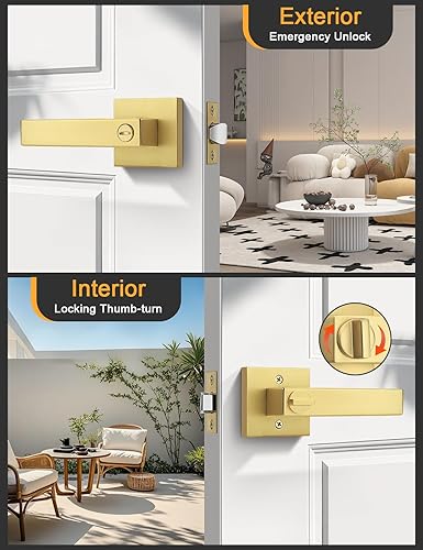 Miniatura 5 de Gobrico Manija de puerta de privacidad, manijas de puerta doradas, manija de puerta resistente, manija de cerradura de puerta cuadrada reversible