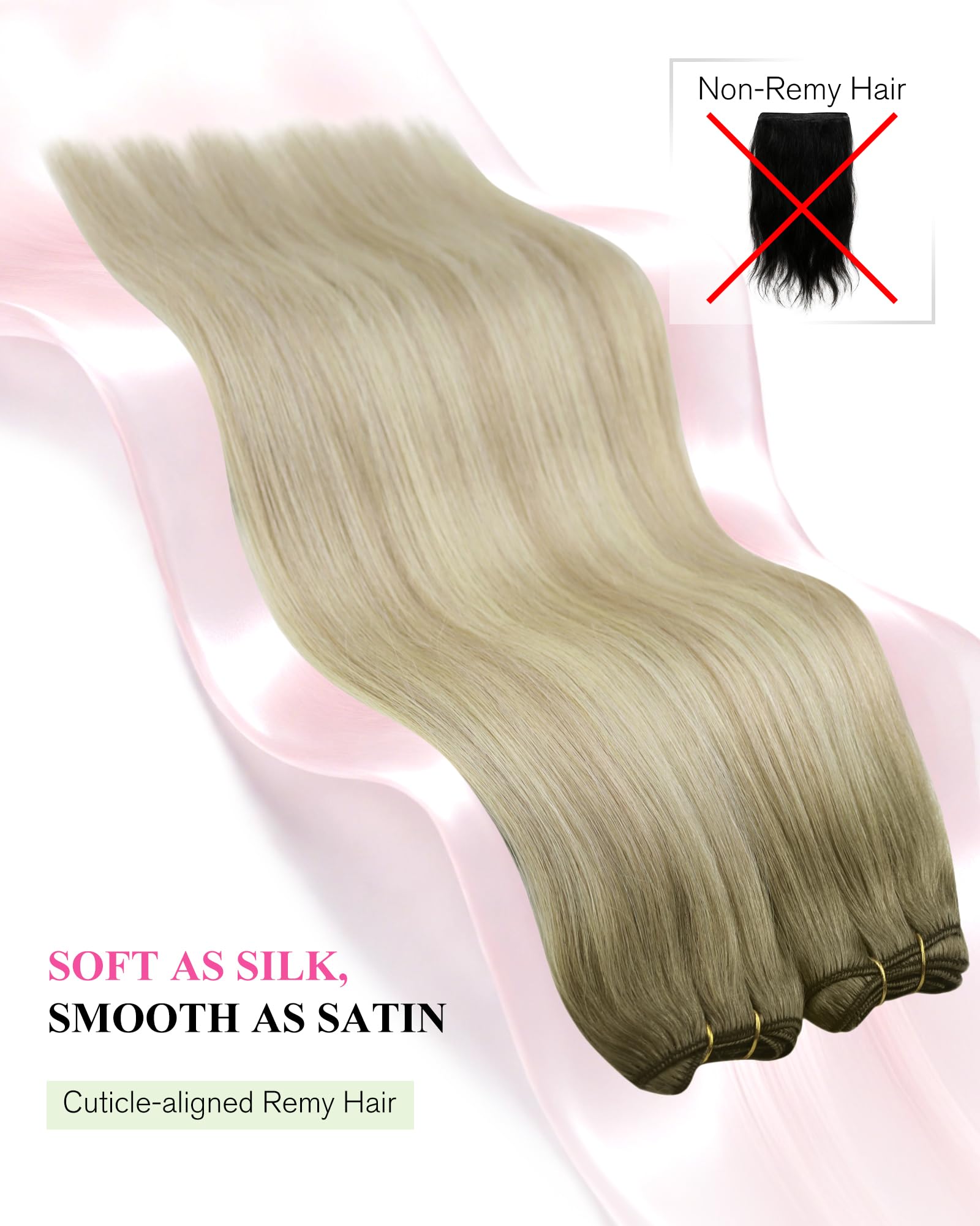 YoungSee Echthaar Tressen zum Einnähen Blond 50 cm,Tressen Echthaar Aschblond Ombre Blond，Haartressen Extension，Weft Hair Extension fur Damen,100g,SUN