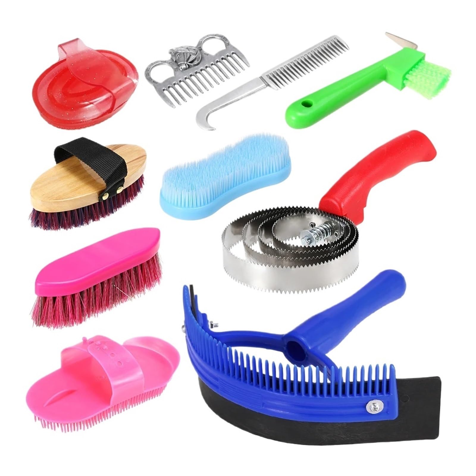 Kit de Aseo for Caballos 10 en 1: Incluye Peine for Crin y Cola, Cepillo Masaje, raspador Sudor, limpiacascos Estropajo