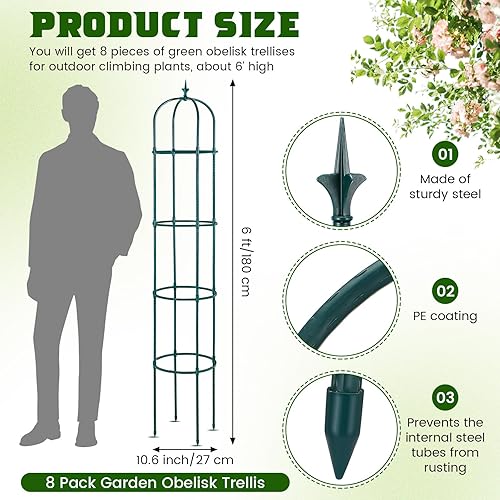 Miniatura 2 de Zonon 8 piezas de enrejado de obelisco de jardín de 6 pies para plantas trepadoras al aire libre, torre de metal resistente al óxido, arco redondo