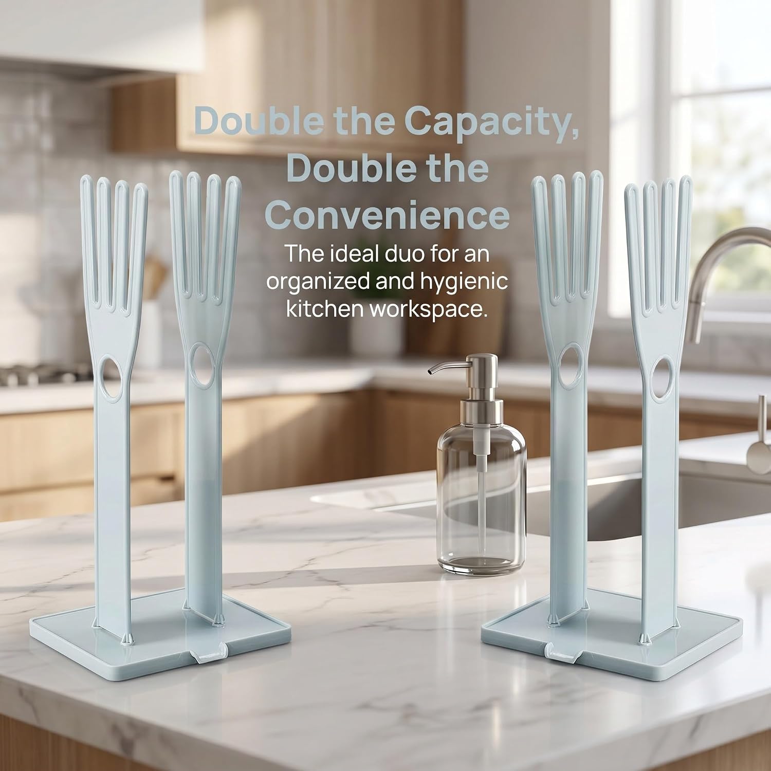 2pcs Plastic Glove Holder Rack for Kitchen Countertop, Detachable Palm Shaped Dish Towel and Cleaning Gloves Stand with Flexible Modular Setup