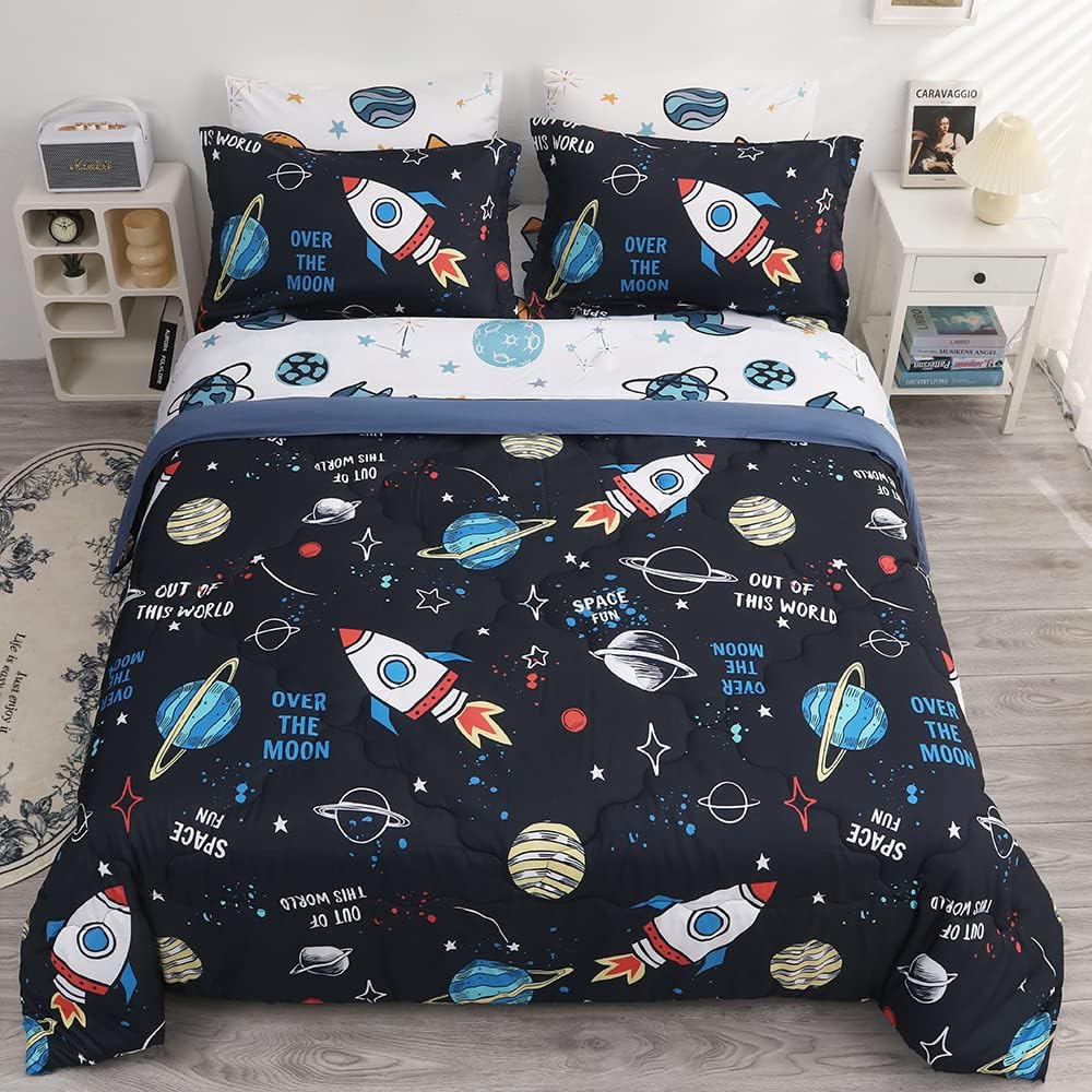 Wajade Kids Space Comforter Set Bed in A Bag Full Size 7 Piece 3D Space Rocket Planets Bedding Set for Teens Boys Girls (1 Comforter, 1 Flat Sheet, 1 Fitted Sheet, 2 Pillowcase and 2 Pillow Sham) - Image 6