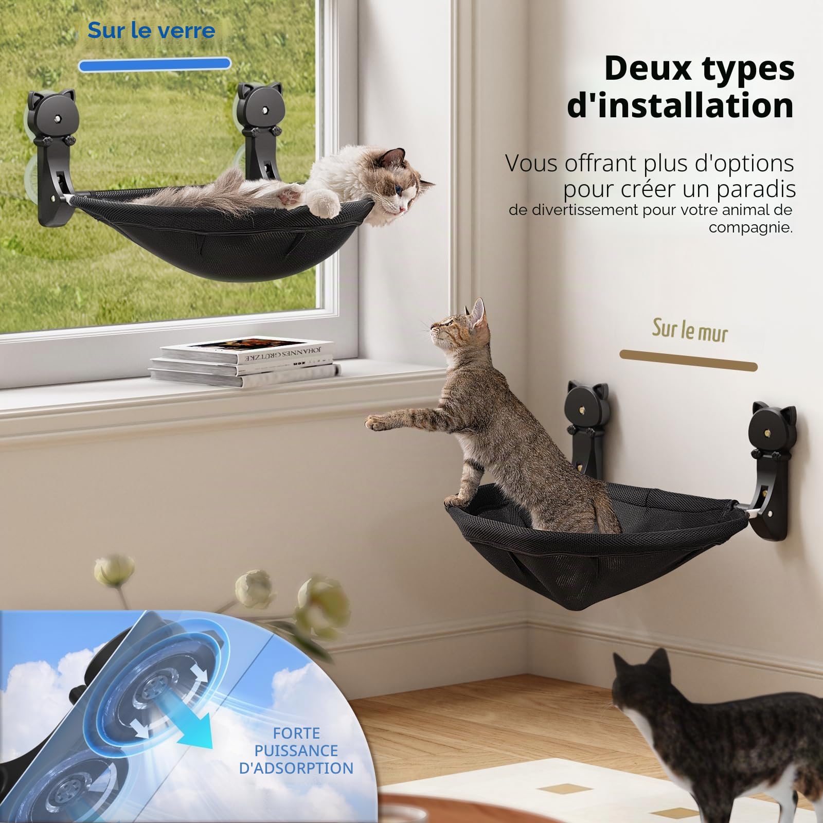 JUNSPOW Perchoir de fenêtre pour Chat sans Fil, Pliable et Stable - Hamac Respirant pour fenêtre pour Chat, pour Regarder Le Soleil et l'escalade - Charge maximale jusqu'à 18 kg